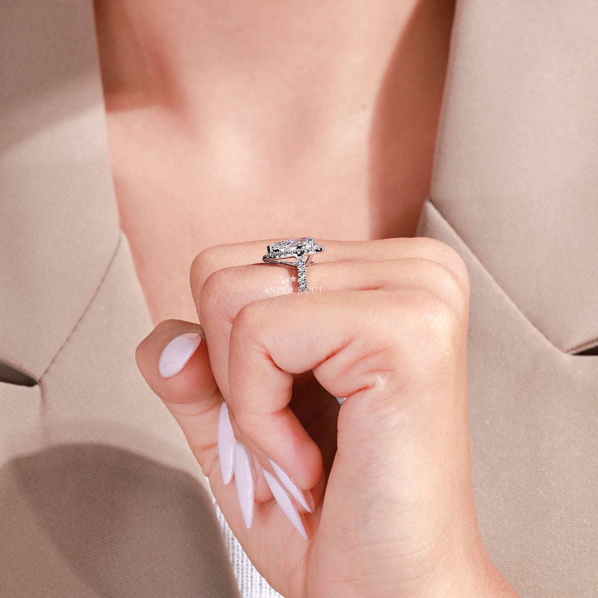 1.50 Carat Pear Shaped Halo Engagement Ring With Pave Band | IGI Certified
