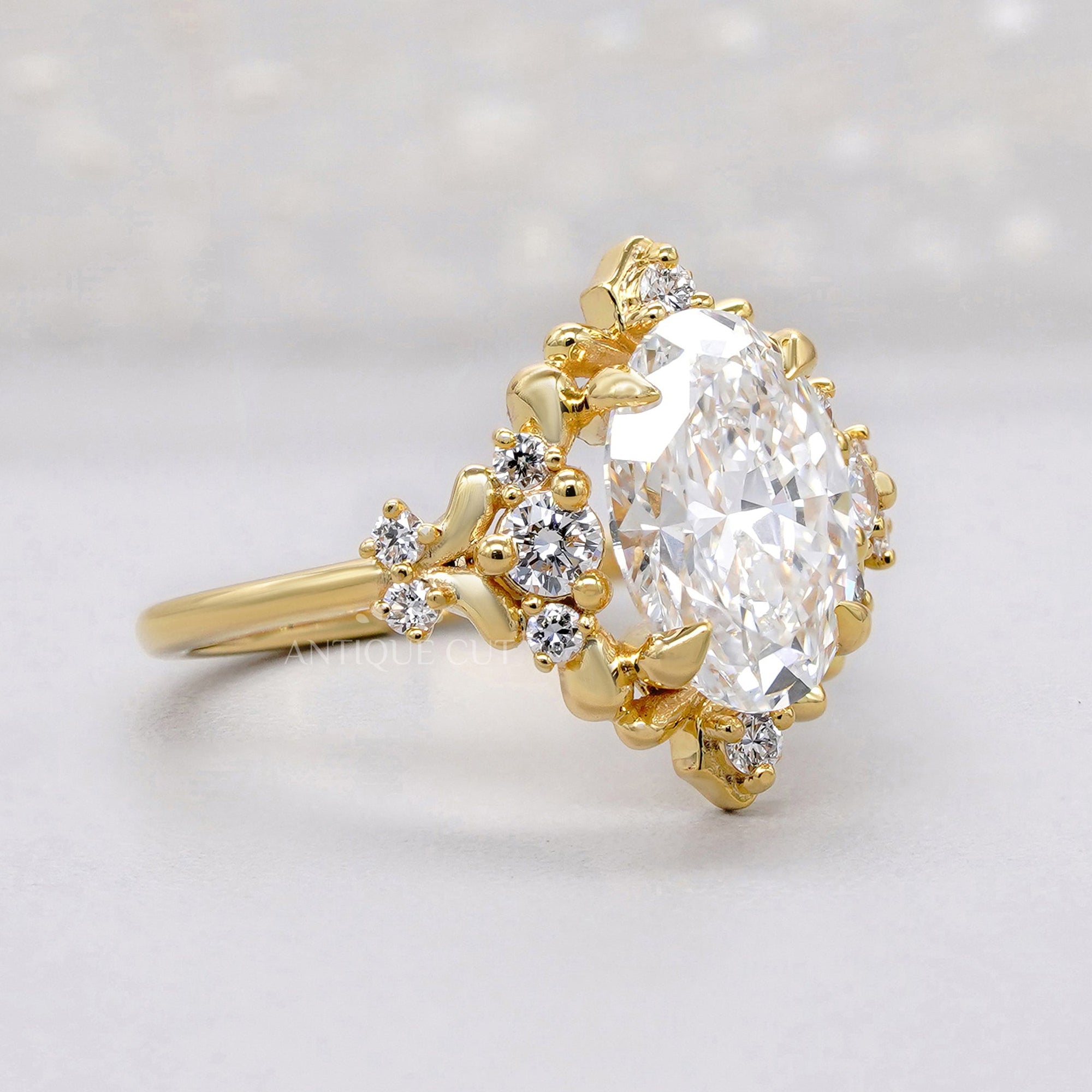 Oval lab grown diamond ring with floral halo
