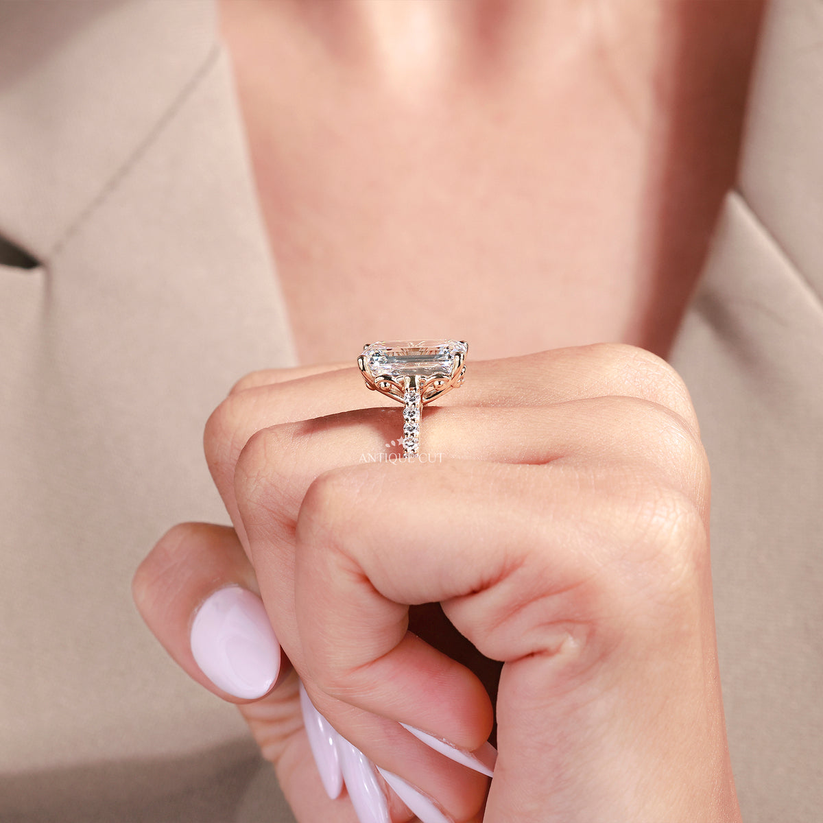 5.00 Carat Emerald Cut Diamond Engagement Ring With Pave Band | IGI Certified