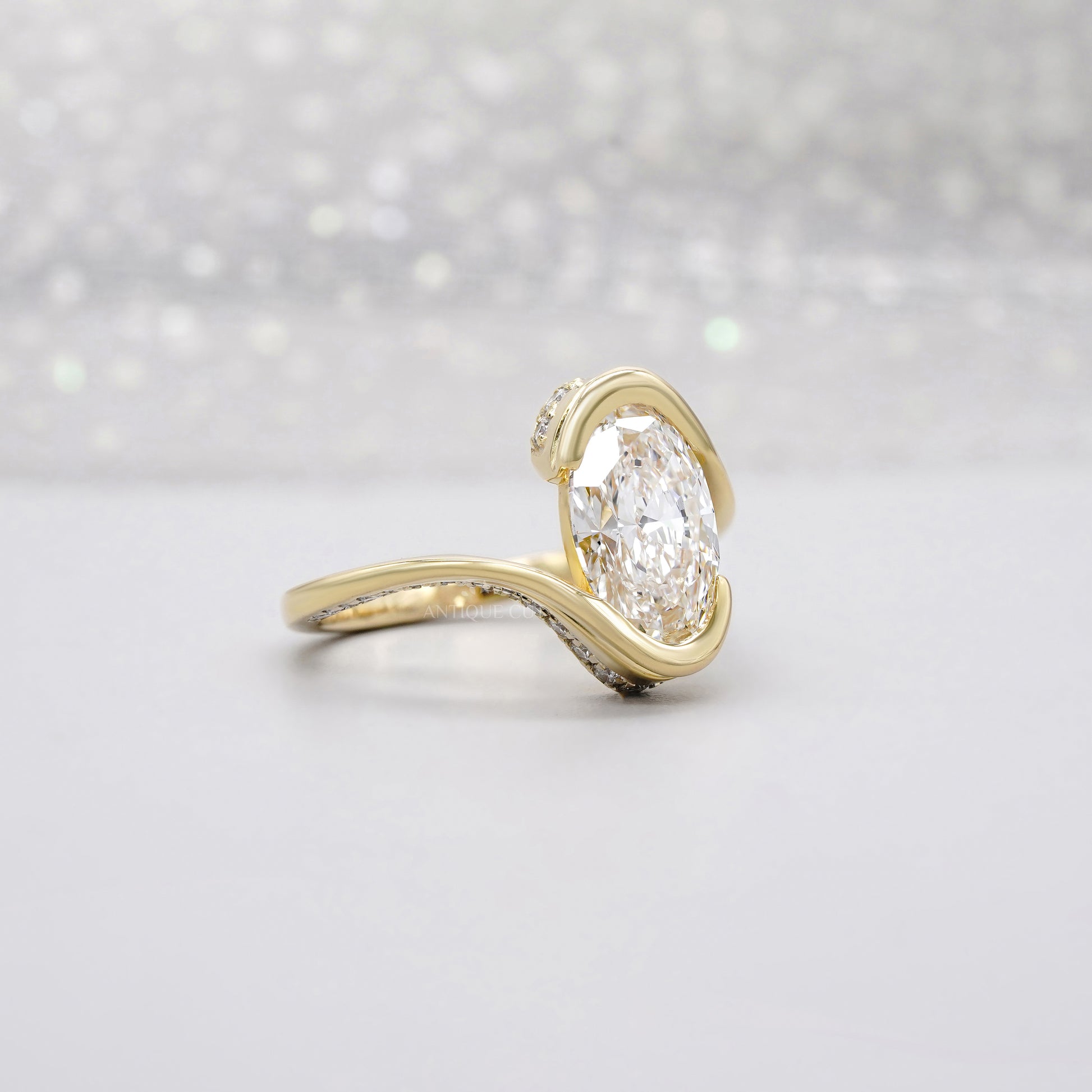 Oval 3.40tcw Lab Diamond Swirl Ring | Modern Wrap Yellow Gold Design | IGI Certified