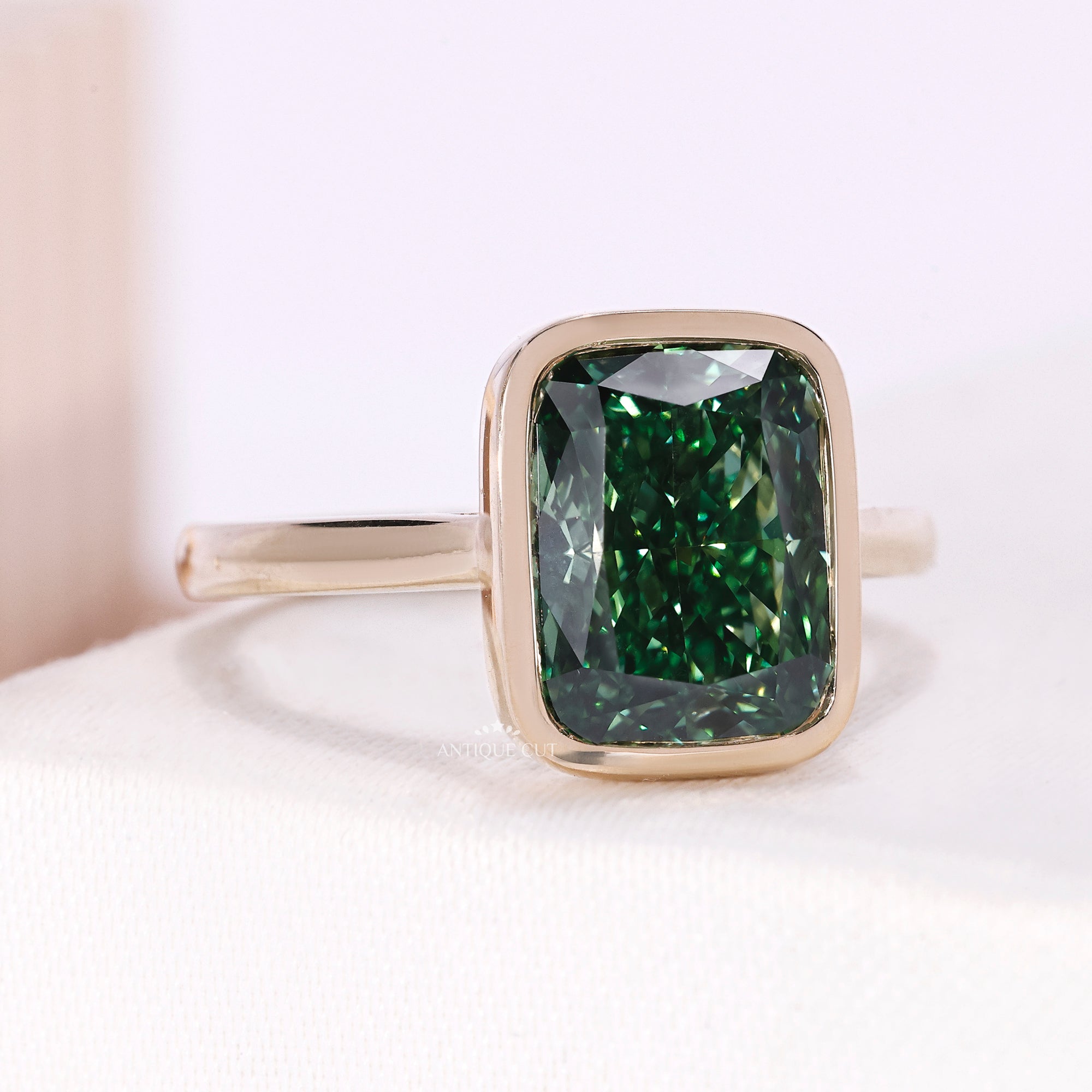 3.50 Carat Fancy Green Cushion Cut Bezel Set Engagement Ring | IGI Certified