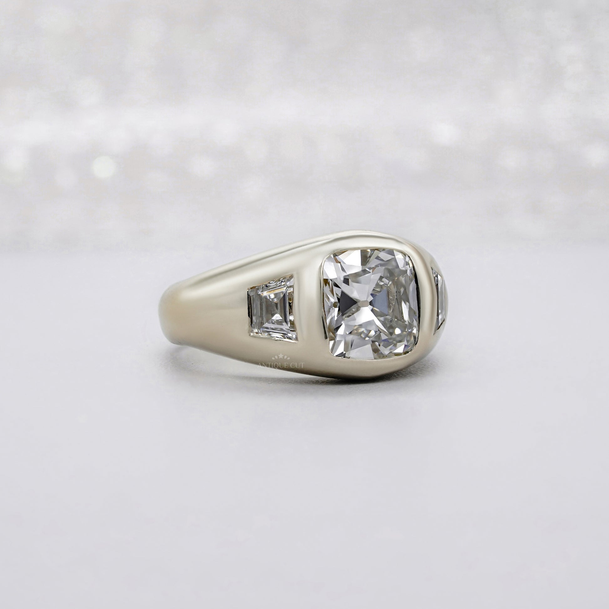 Cushion 3.70tcw Lab Diamond Ring | Baguette Side Stones | Signet Style | IGI Certified