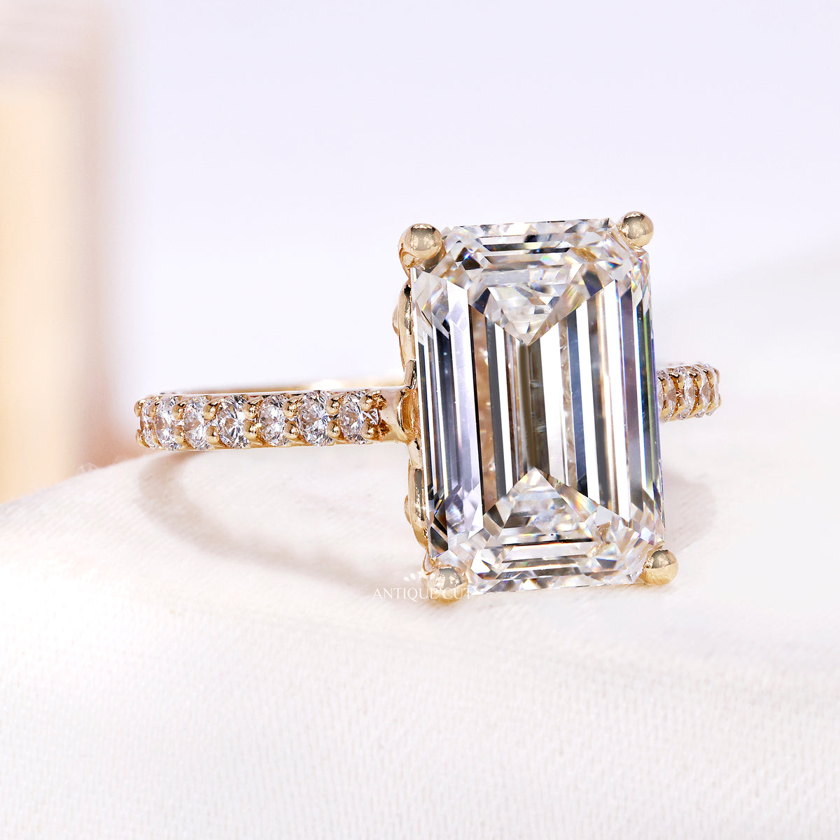 5.00 Carat Emerald Cut Diamond Engagement Ring With Pave Band | IGI Certified