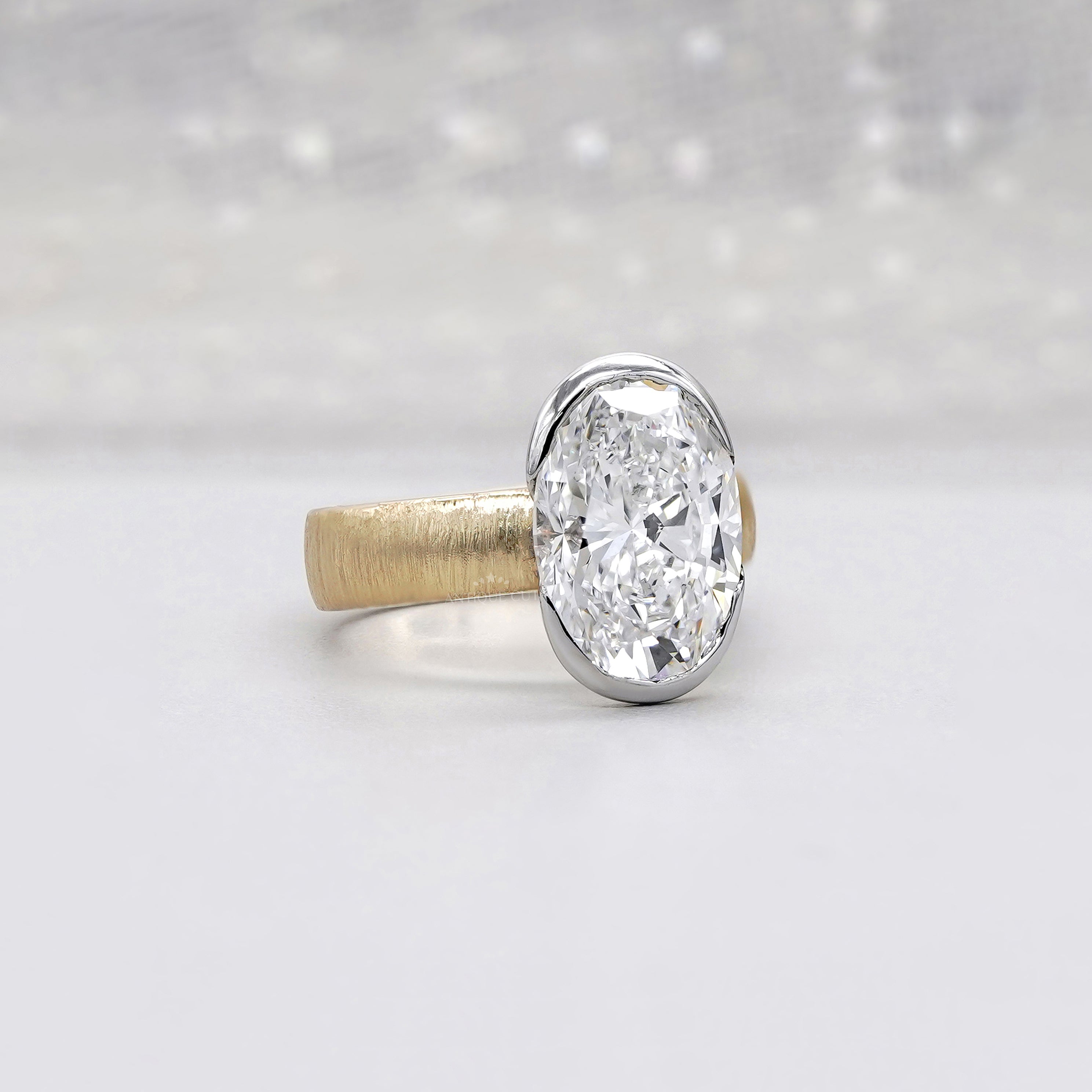 4ct Oval Lab Grown Diamond Bezel Engagement Ring | Two-Tone Matte Finish | IGI Certified D-E-F  VVS–VS