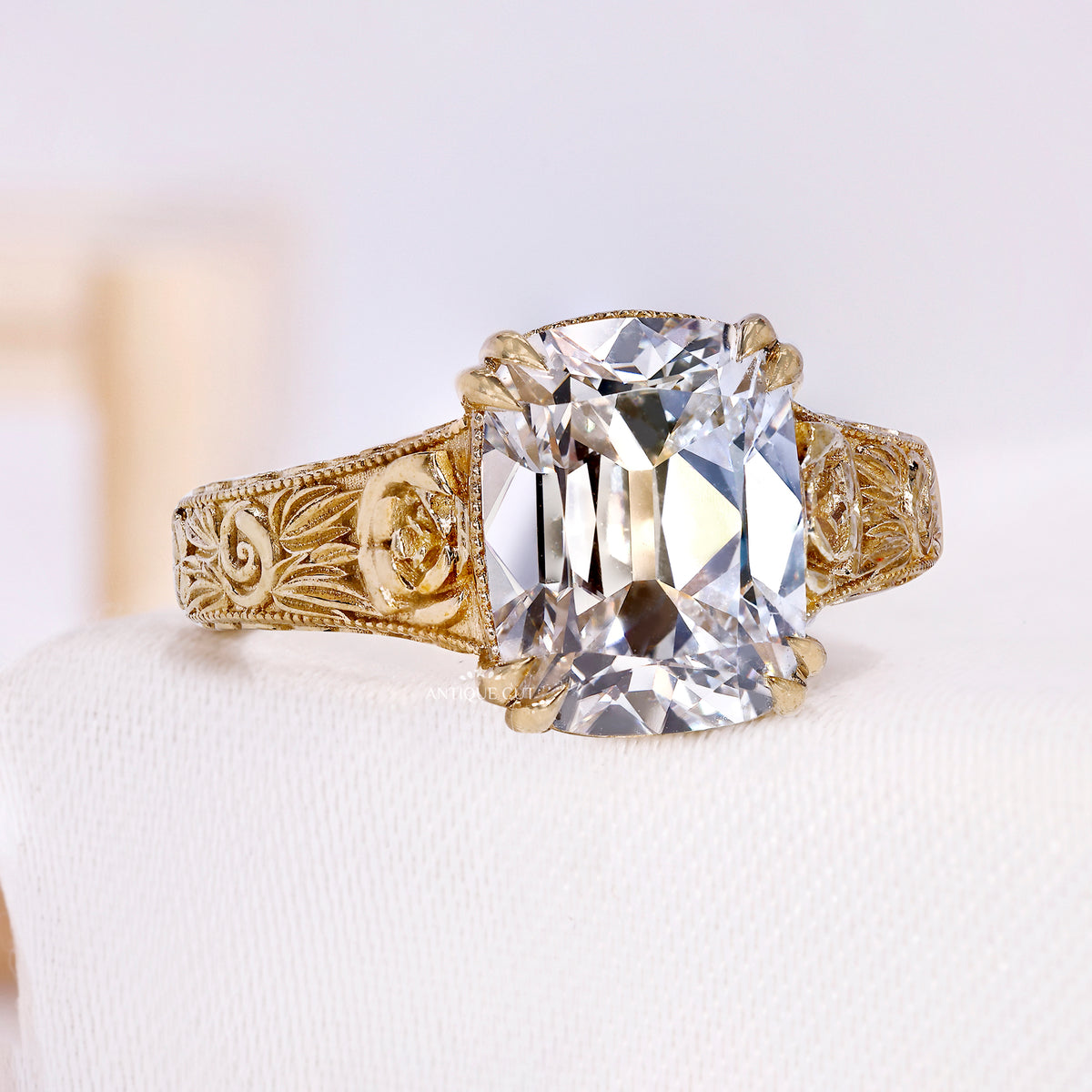 4.0 Carat Vintage Milgrain Old Mine Cushion Cut Engagement Ring