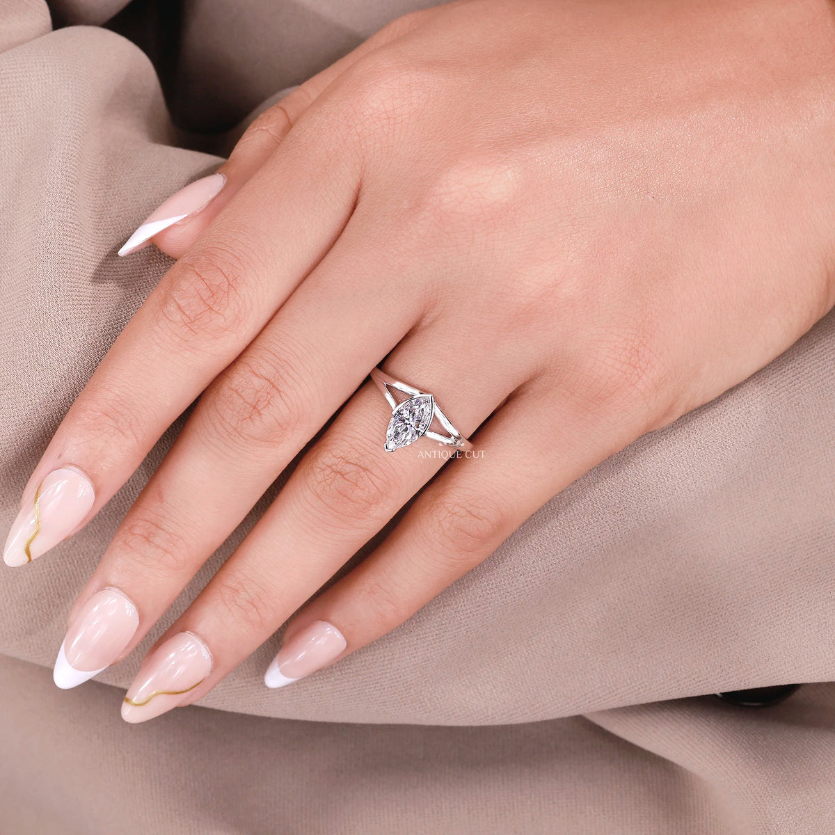 1.00 Carat Marquise Solitaire Engagement Ring With Split Shank Half Bezel Setting | IGI Certified