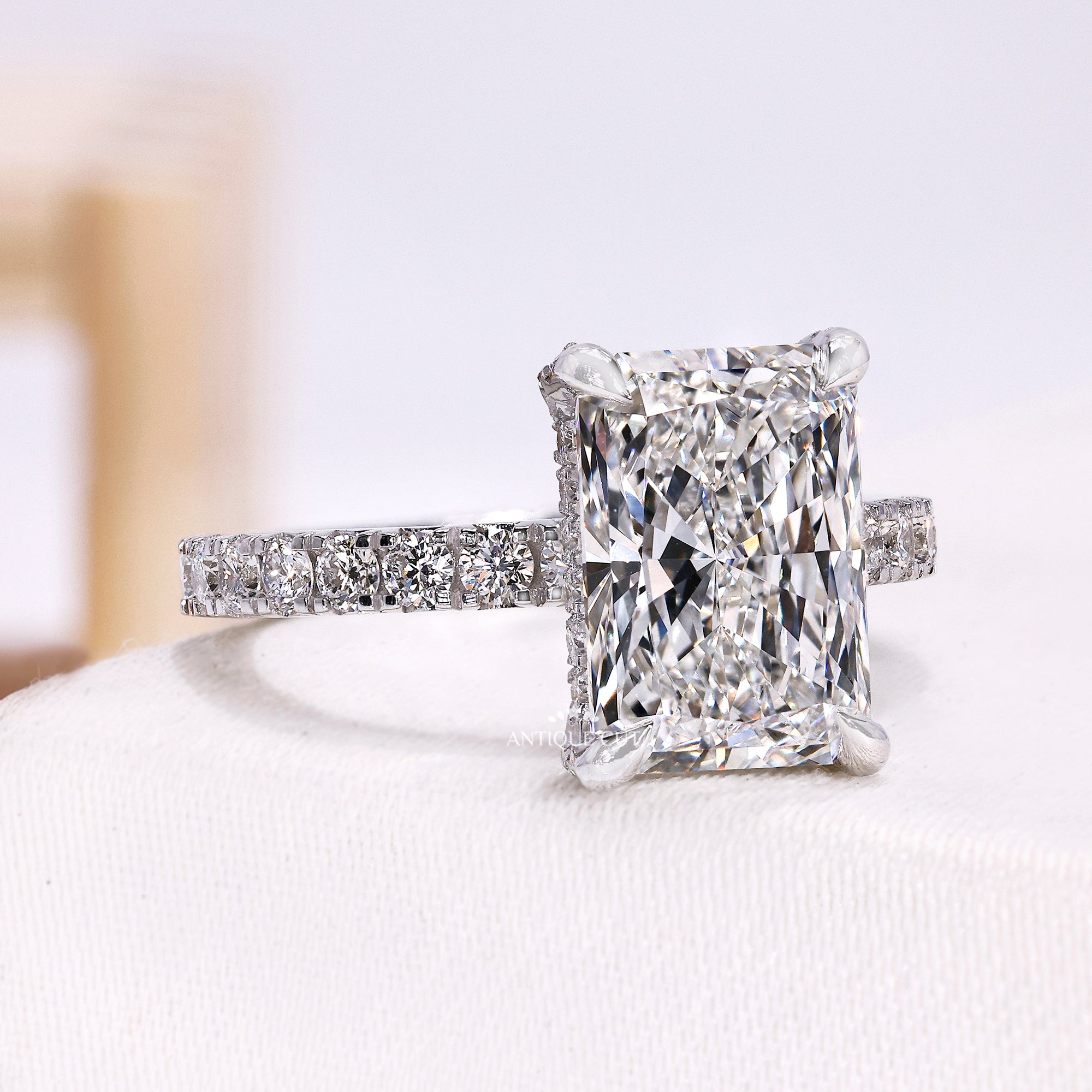 Radiant Cut Lab Grown Diamond Engagement Ring with Pave Band