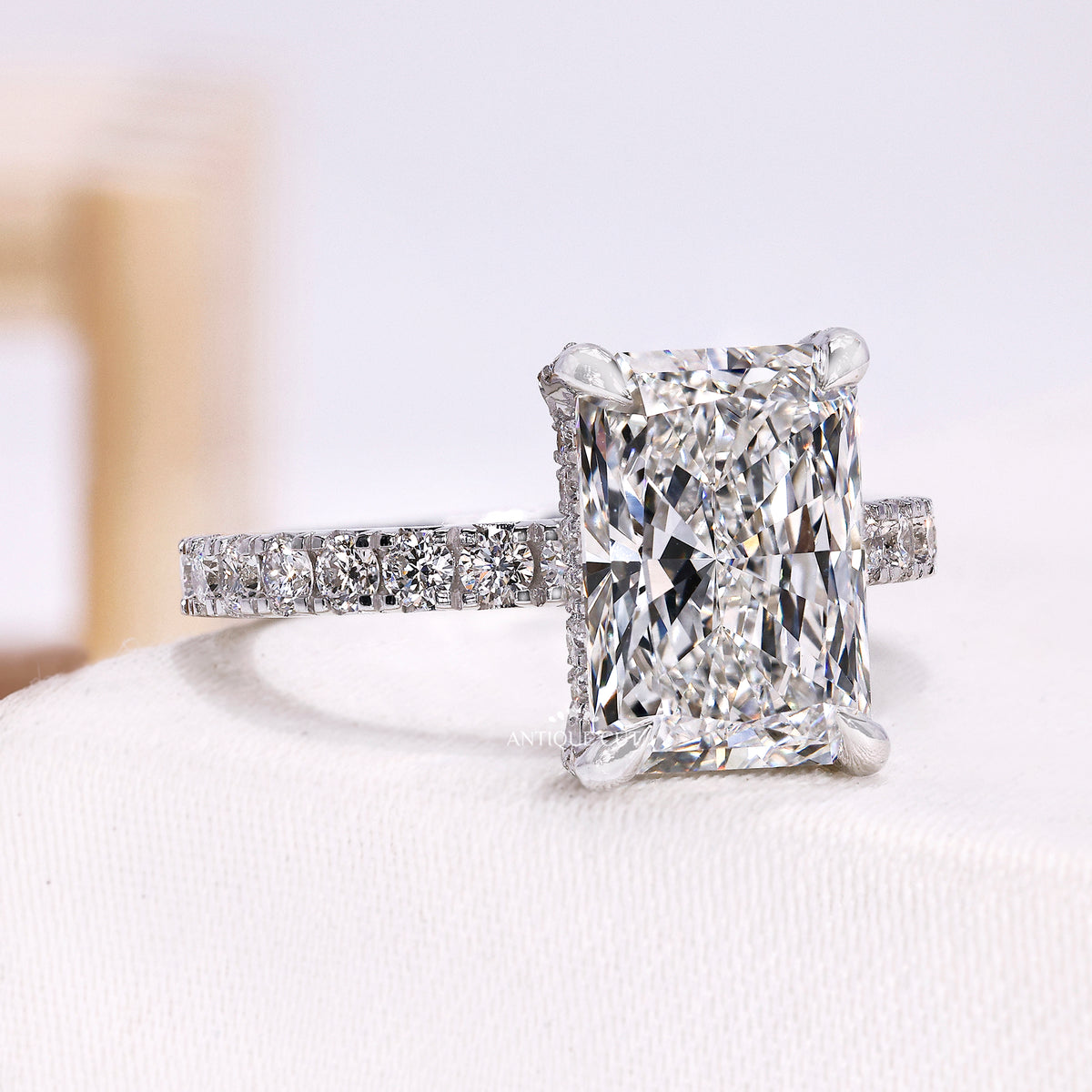 Radiant Cut Lab Grown Diamond Engagement Ring with Pave Band