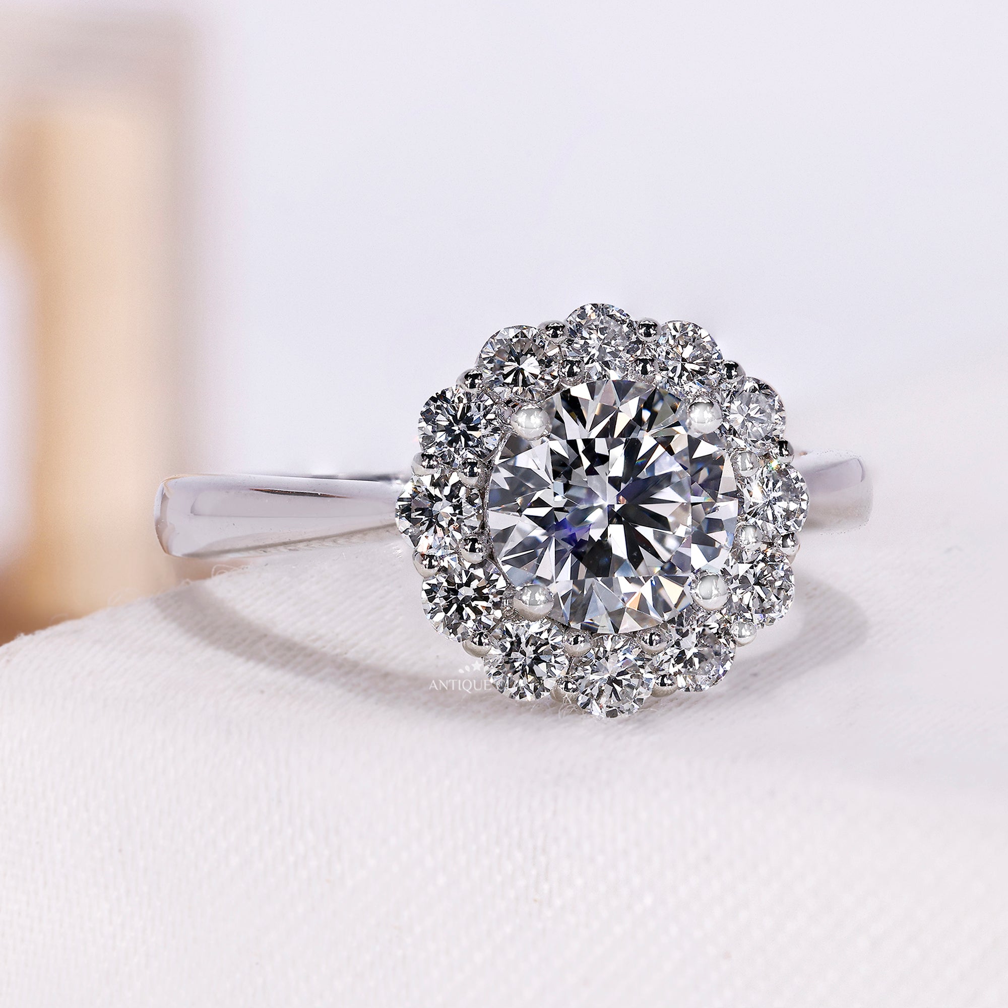 1.00 Carat Round Diamond Solitaire Engagement Ring with Floral Halo Design