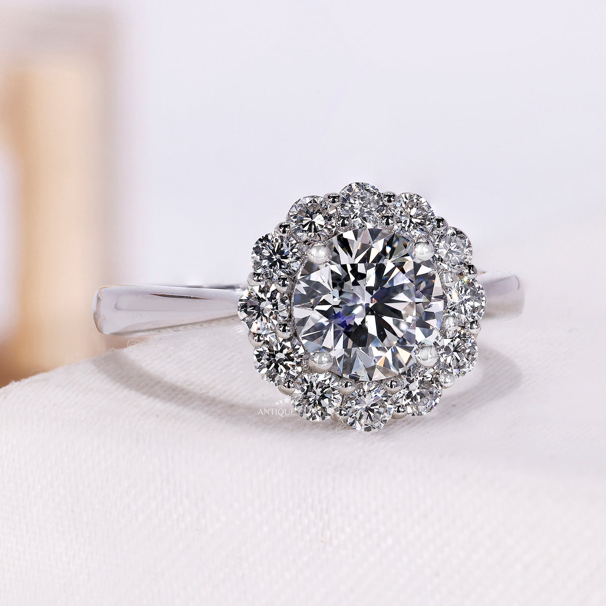 1.00 Carat Round Diamond Solitaire Engagement Ring with Floral Halo Design