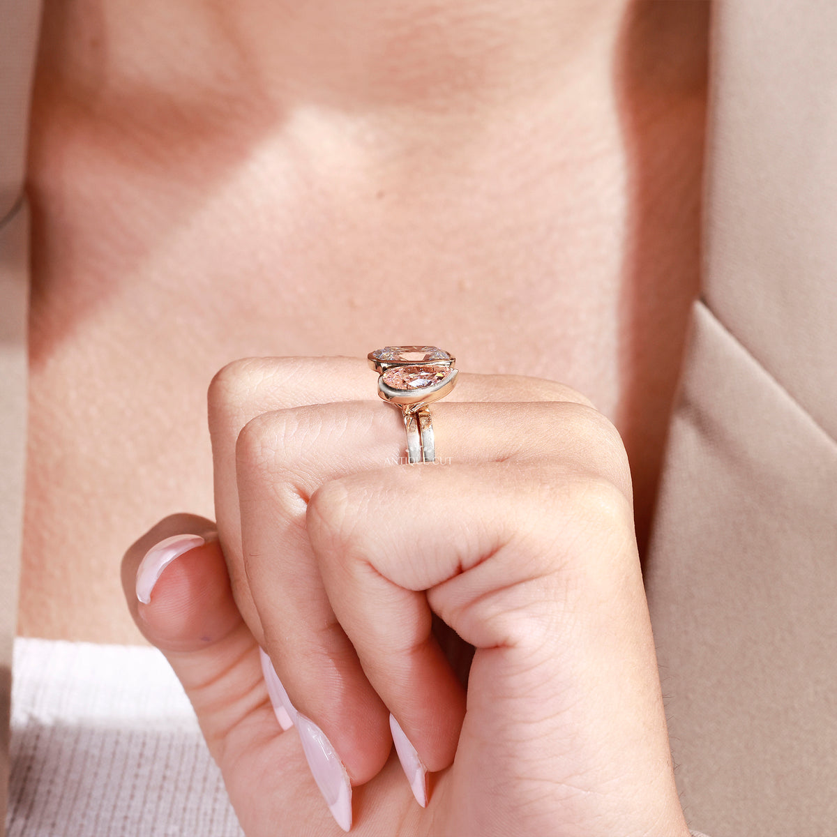 5.00TCW Pink Pear & Old Mine Cushion Diamond Toi et Moi Engagement Ring | IGI Certified