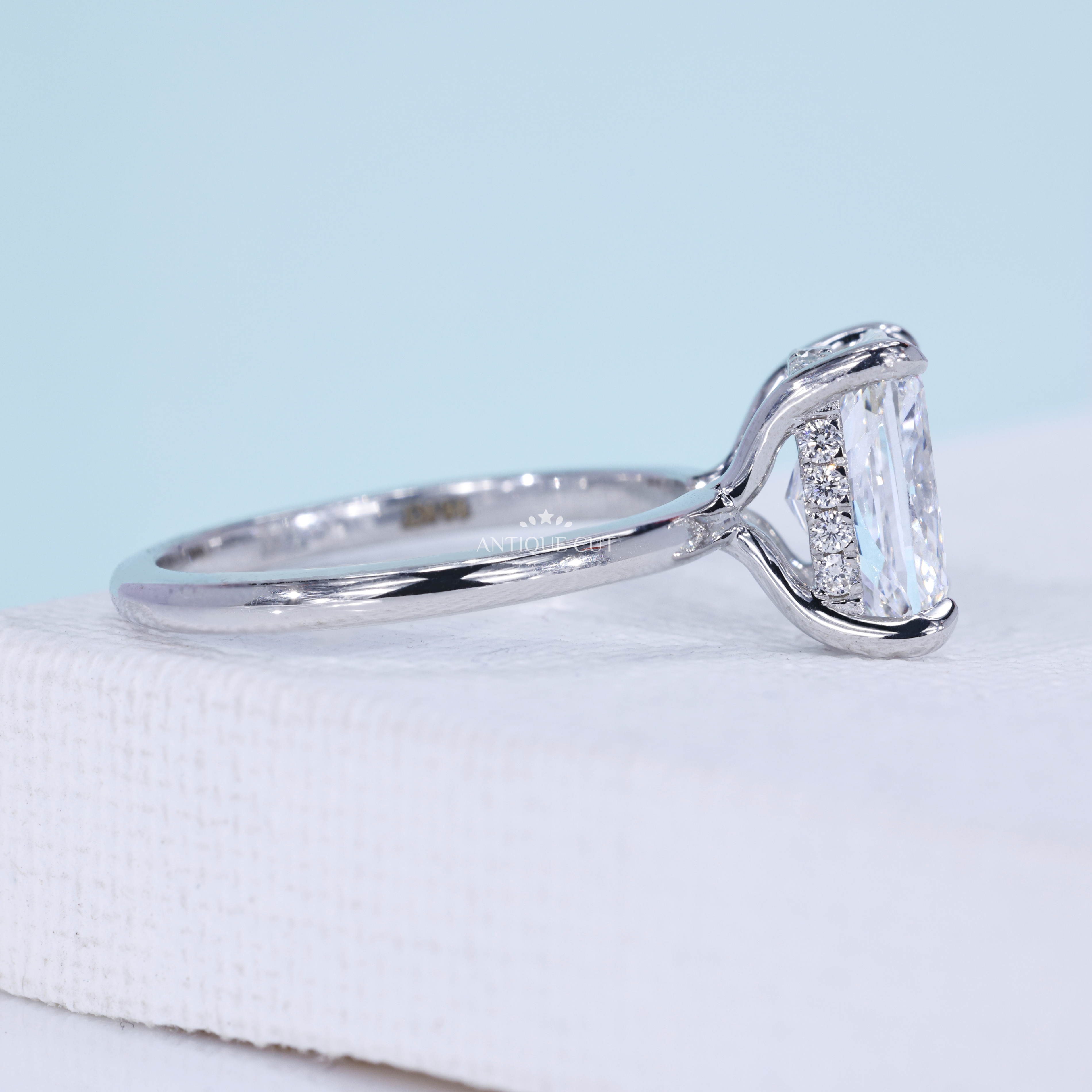 Cushion Cut Hidden Halo Engagement Ring in 14K White Gold | Minimalist Bridal Engagement Ring for Her