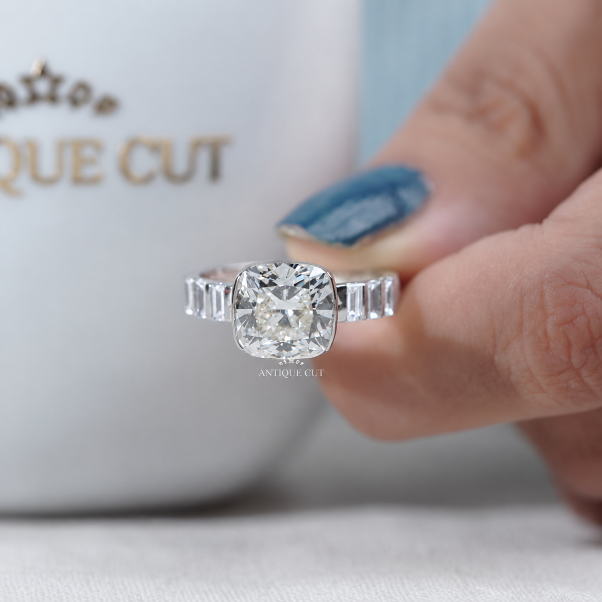 4.0 Carat Lab Grown Diamond East West Cushion Cut Half Bezel Engagement Ring