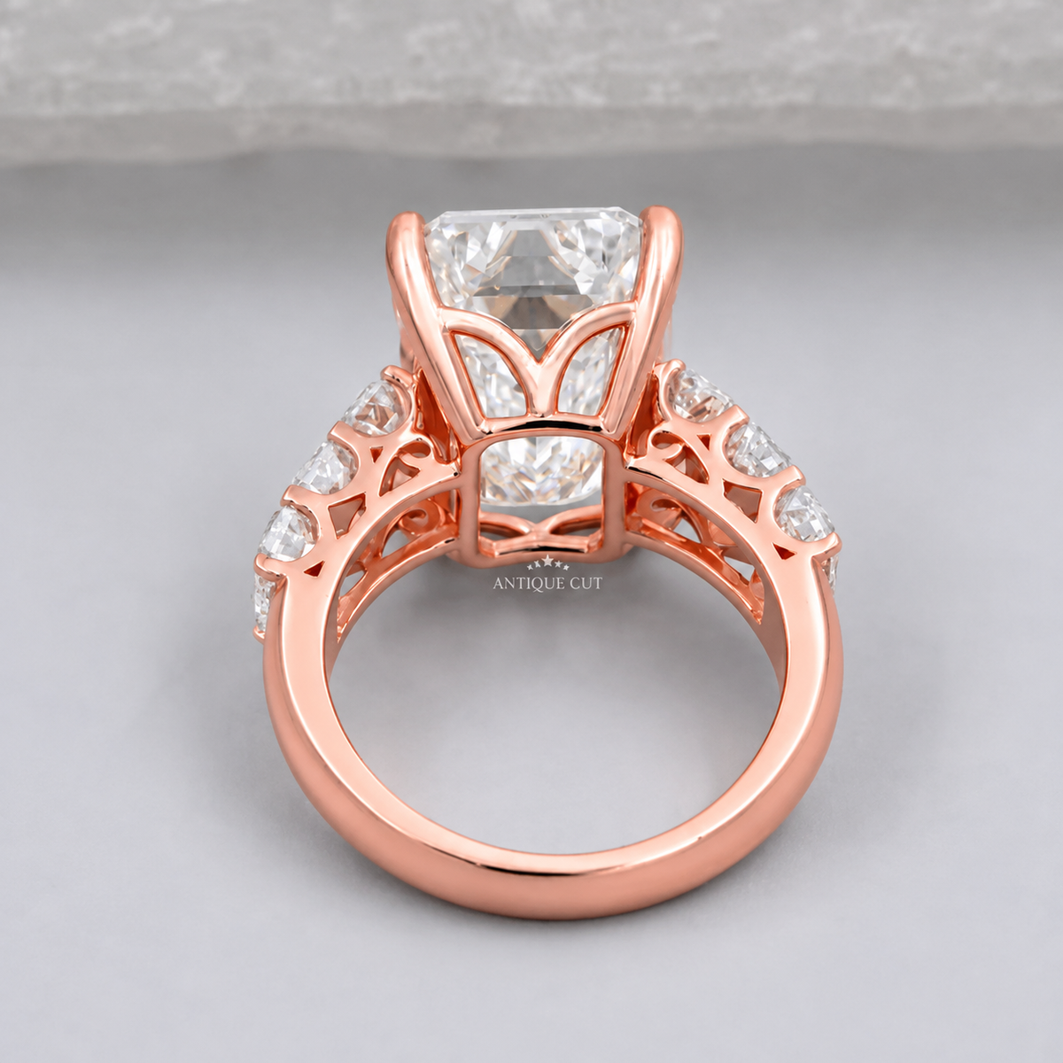 9.0 Carat Lab Grown Emerald Cut Engagement Ring with Tapered Side Stones