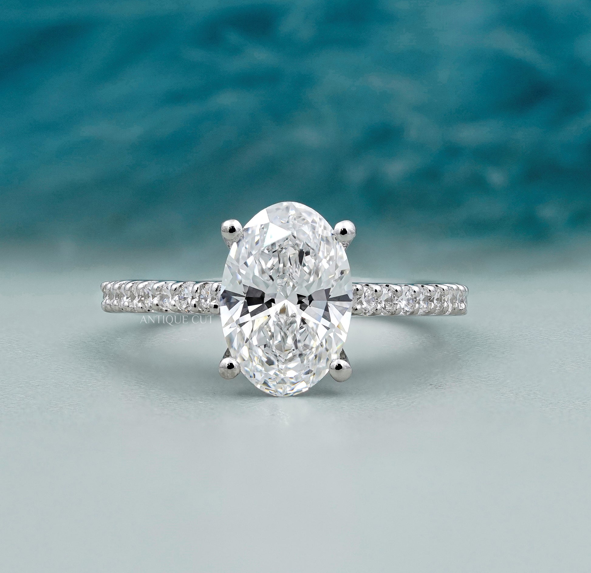 Oval Engagement Ring with Pave Band in White Gold