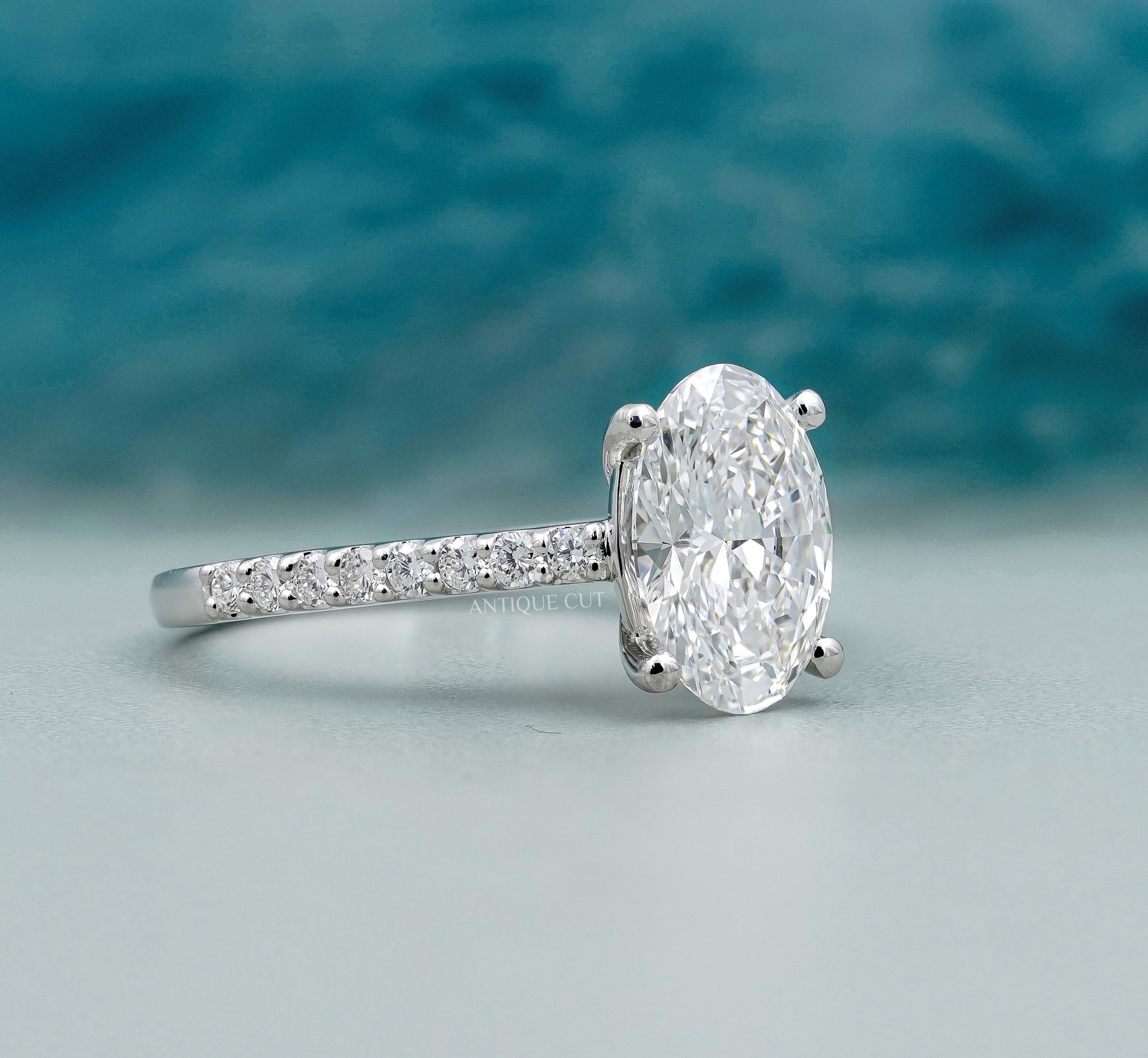 Oval Engagement Ring with Pave Band in White Gold