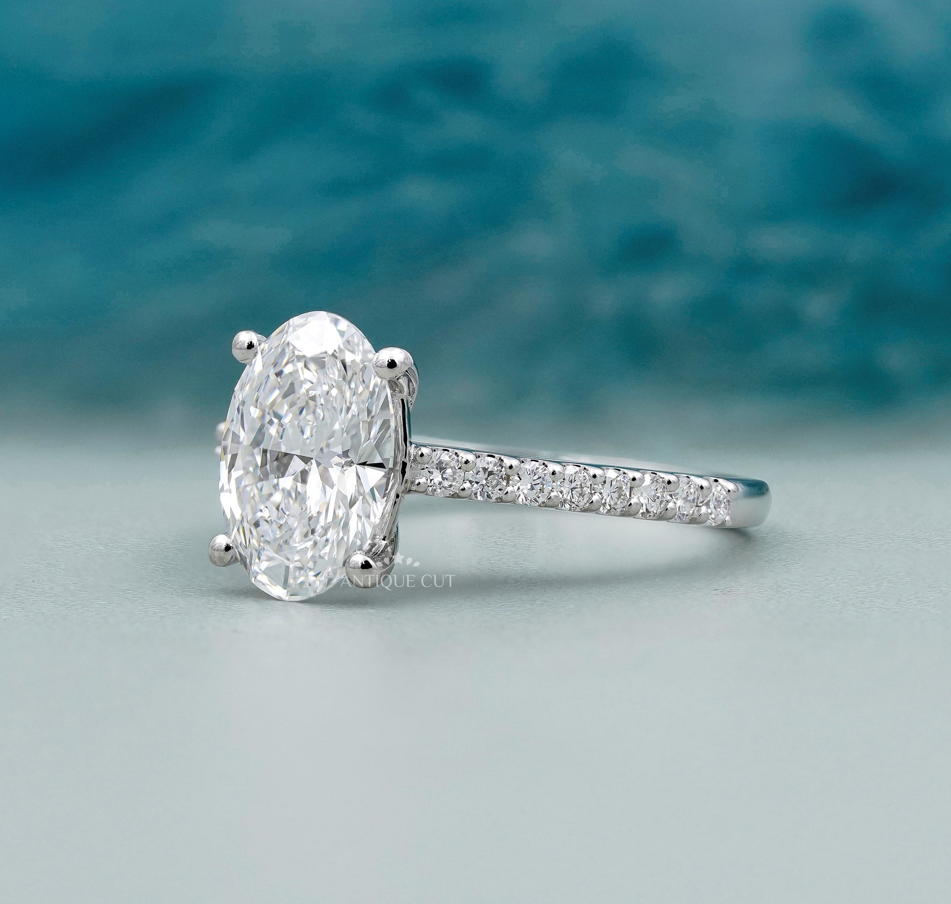 Oval Engagement Ring with Pave Band in White Gold