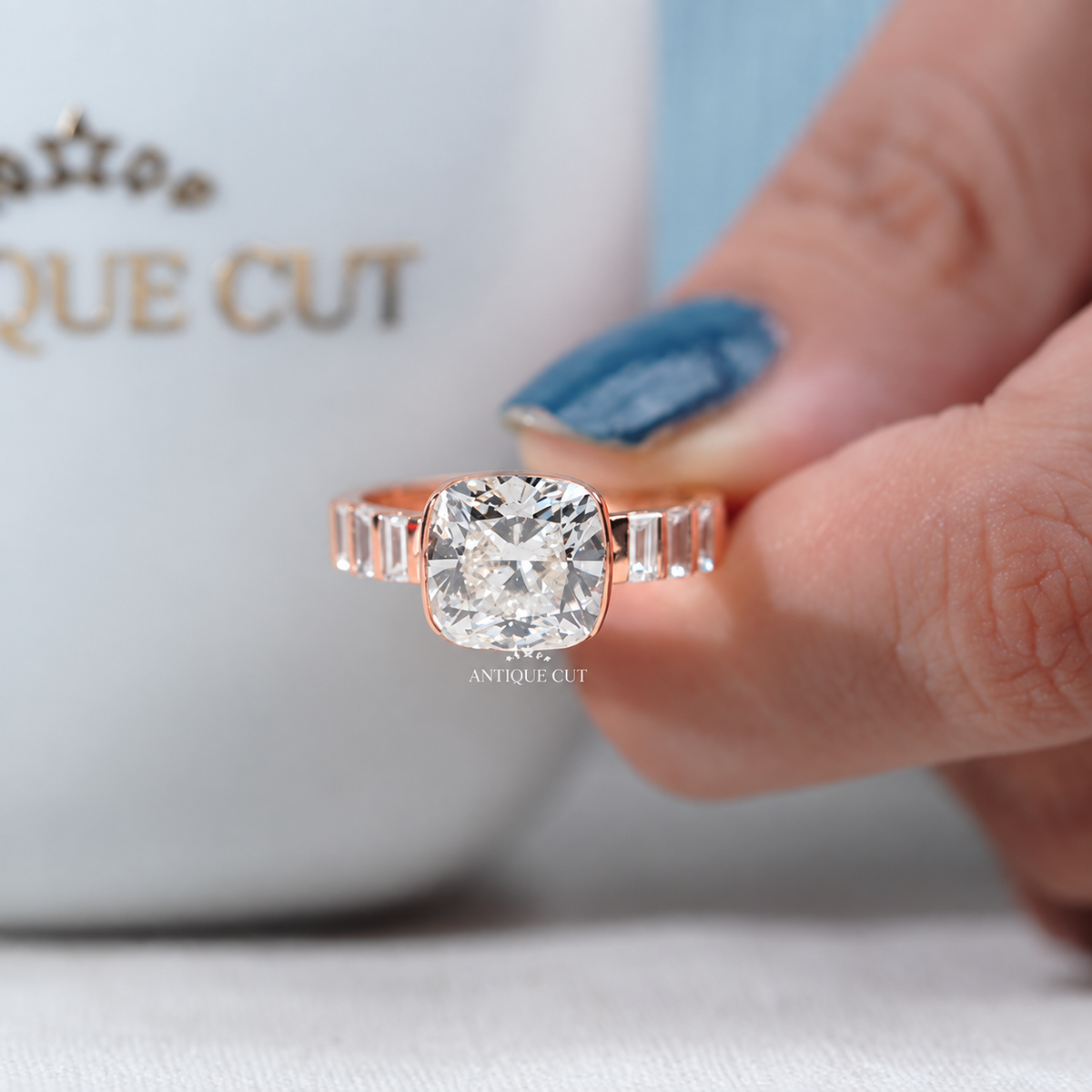 4.0 Carat Lab Grown Diamond East West Cushion Cut Half Bezel Engagement Ring