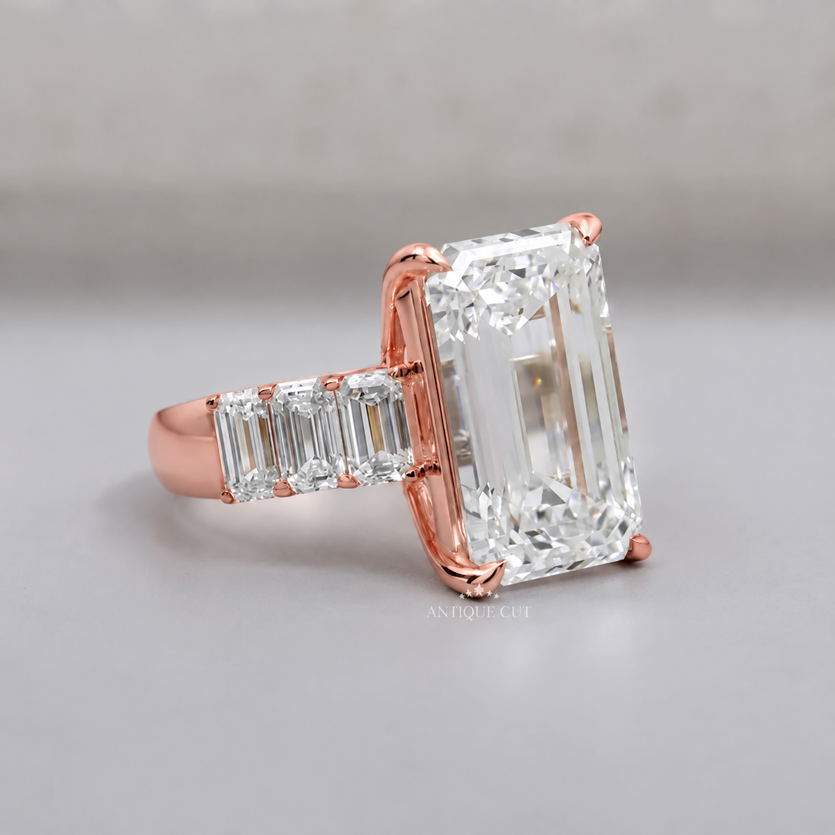 9.0 Carat Lab Grown Emerald Cut Engagement Ring with Tapered Side Stones