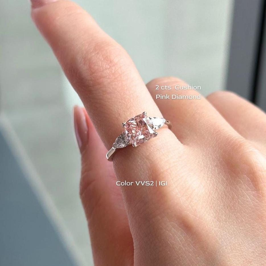 Fancy Cushion 2.60tcw Lab Grown Diamond Three Stone Engagement Ring, D-E-F Color, VVS-VS Clarity - IGI Certified