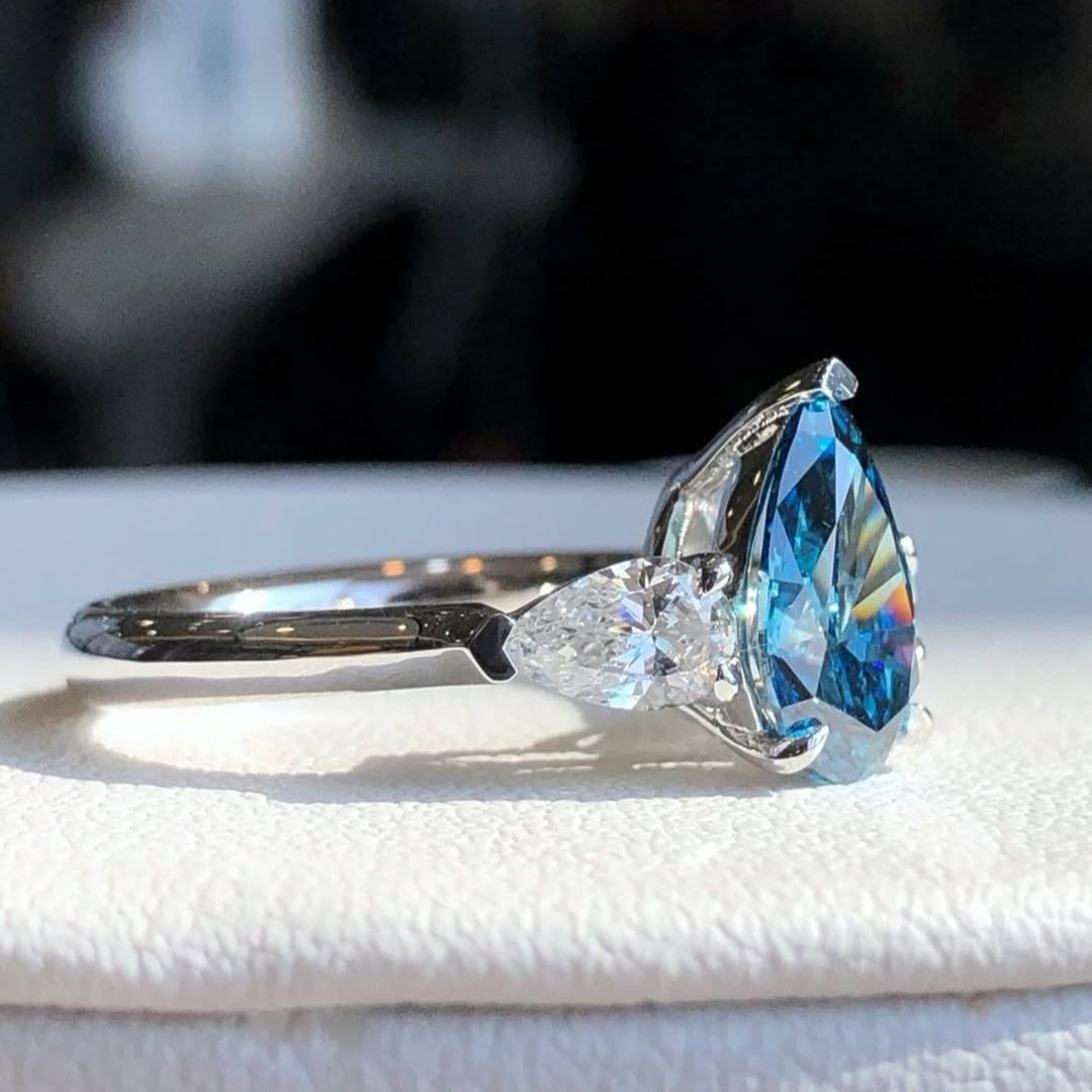 Blue Pear 1.50ct Lab Diamond Ring with 0.50ct White Pear Side Stones | 3-Stone Design | IGI Certified