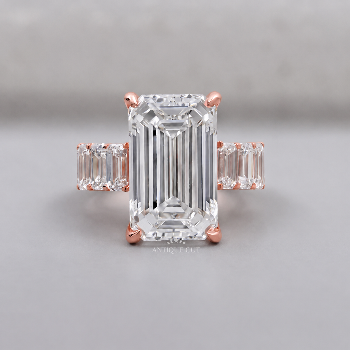 9.0 Carat Lab Grown Emerald Cut Engagement Ring with Tapered Side Stones
