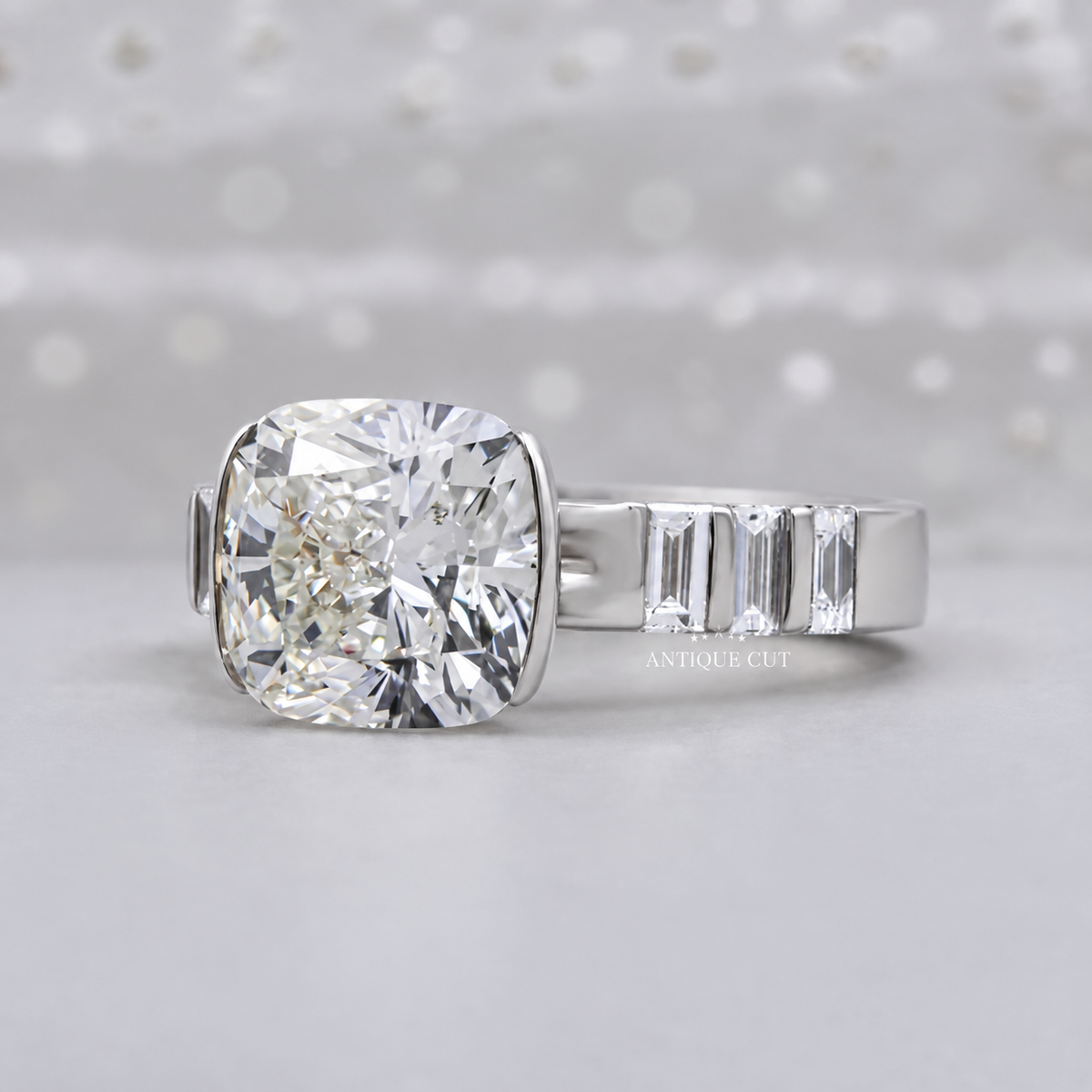 4.0 Carat Lab Grown Diamond East West Cushion Cut Half Bezel Engagement Ring