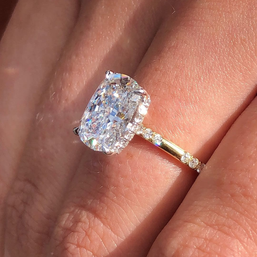 Elongated Cushion 3.30tcw Lab Grown Diamond Solitaire Engagement Ring | Distance Band with Hidden Halo | IGI Certified