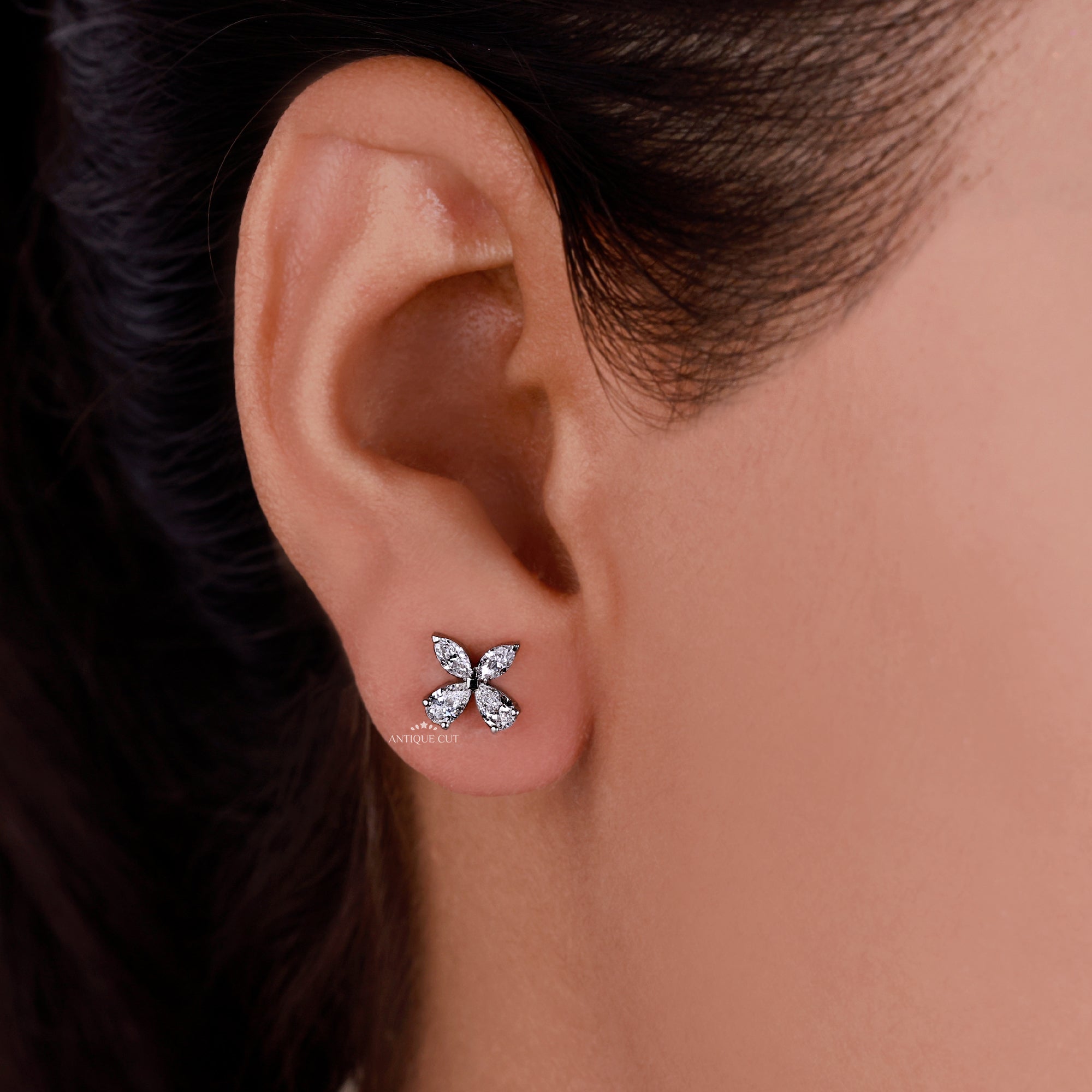 Marquise And Pear Butterfly Stud Earring in white gold