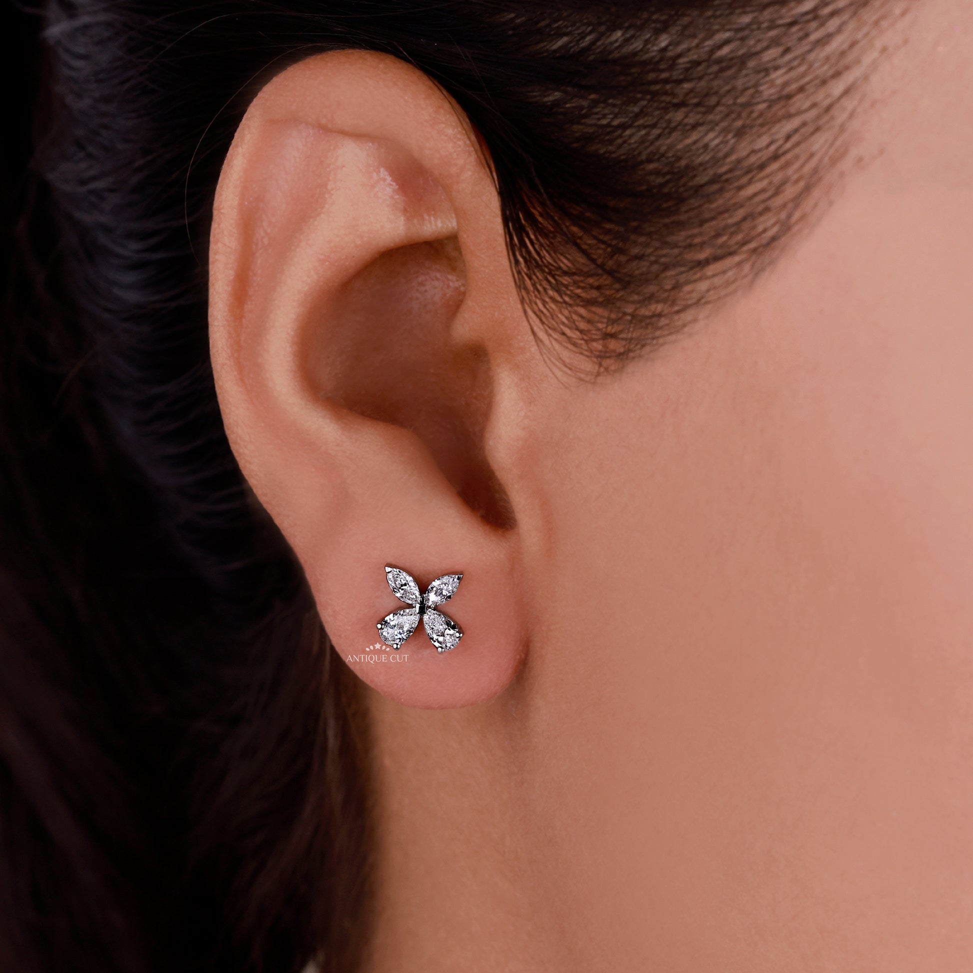 Marquise And Pear Butterfly Stud Earring in white gold