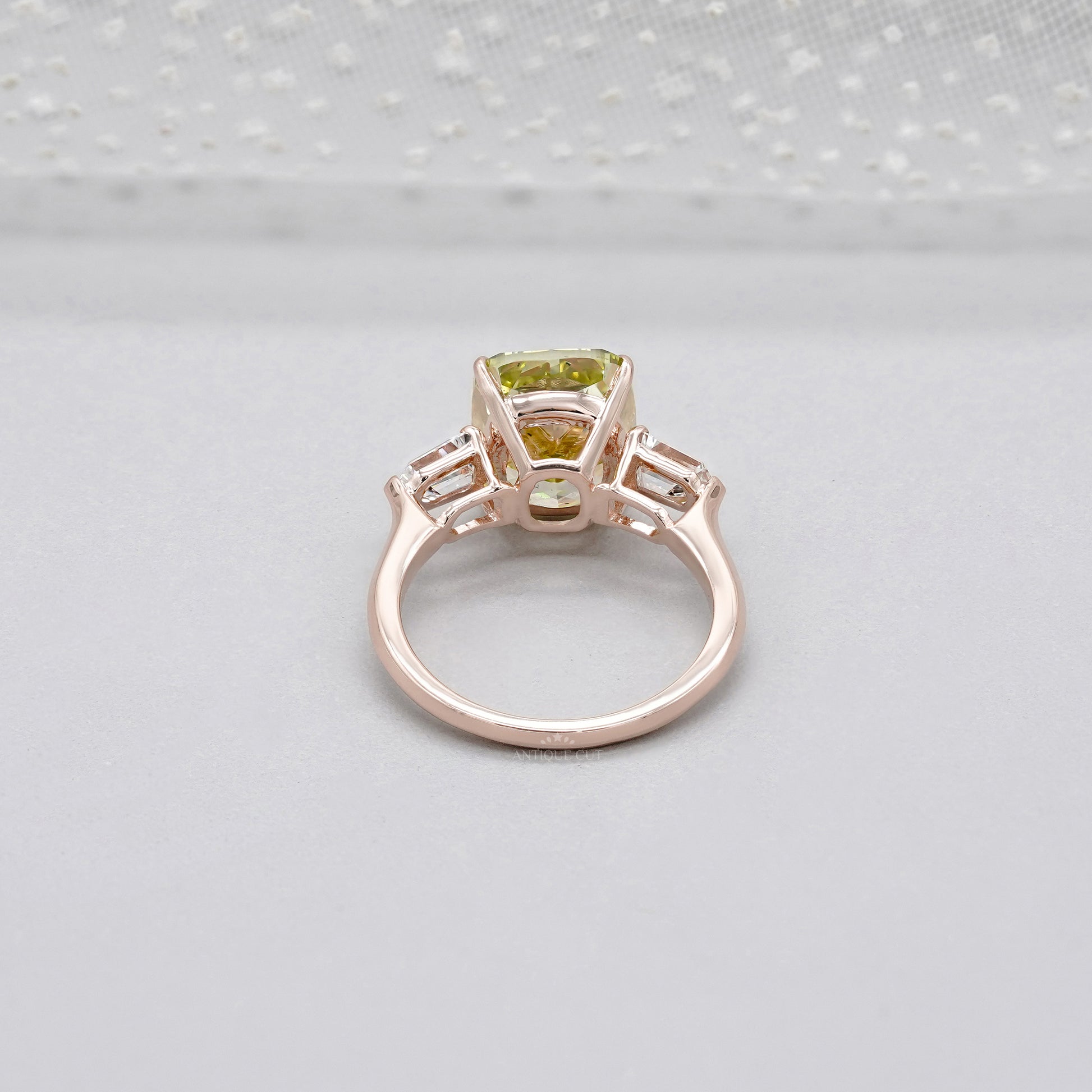 Fancy Yellow 6.50tcw Cushion Cut Lab Diamond Ring | Rose Gold Three-Stone | IGI Certified