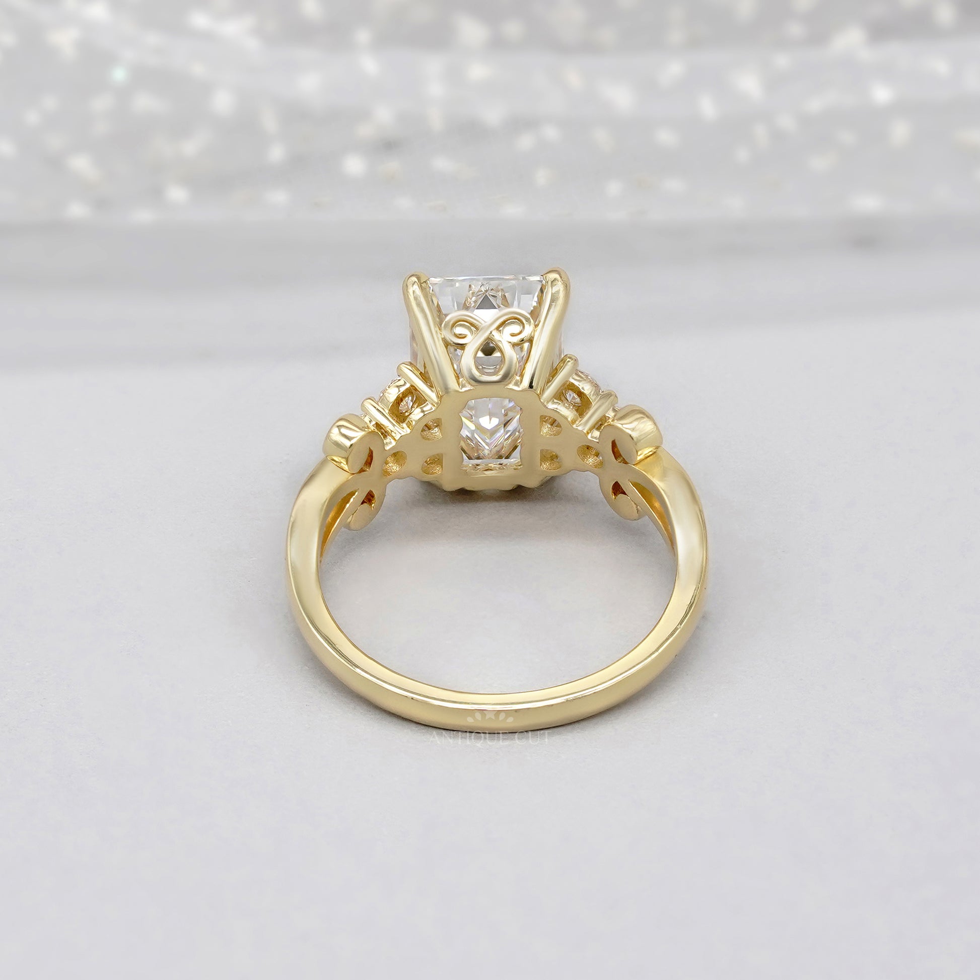 Emerald 5.30tcw Lab Grown Diamond Engagement Ring | Yellow Gold Fleur-de-Lis Setting | IGI Certified