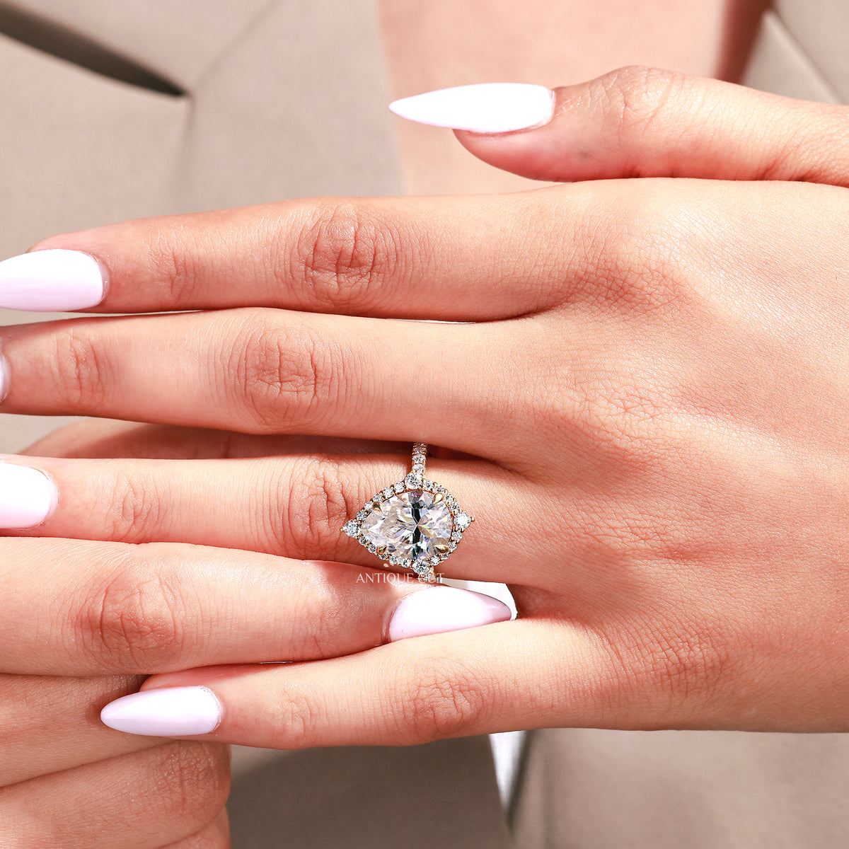 3.50 Carat Pear Cut Diamond Engagement Ring With Halo and Pave Band