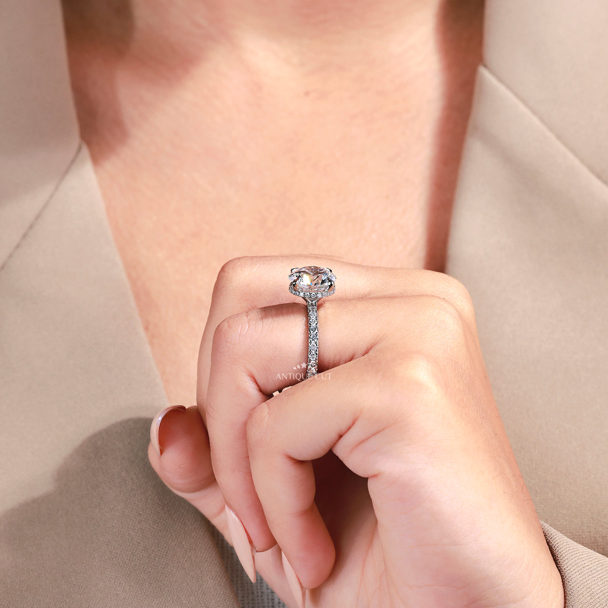 4.00 Carat Round Shape Diamond Engagement With Pave Band | IGI Certified