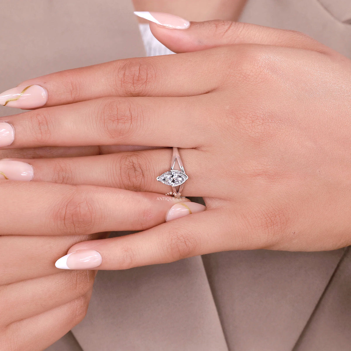 1.00 Carat Marquise Solitaire Engagement Ring With Split Shank Half Bezel Setting | IGI Certified