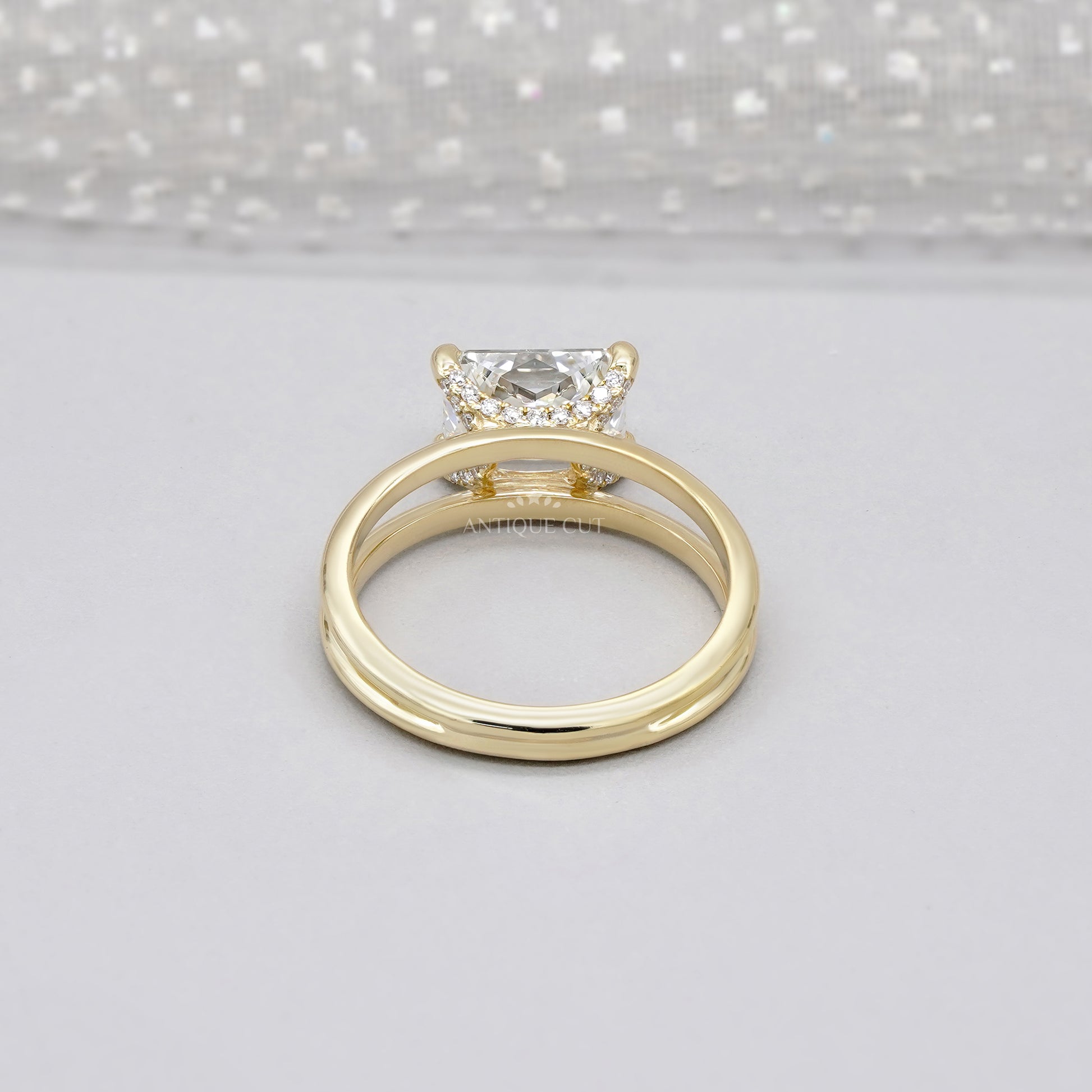 Radiant diamond ring with horizontal east west orientation