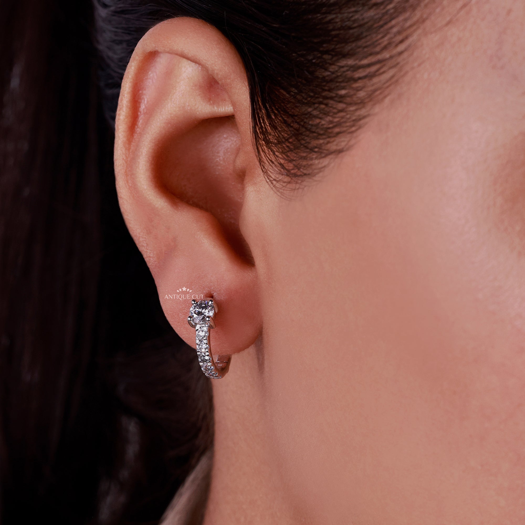 Yellow gold round diamond huggie hoop earrings