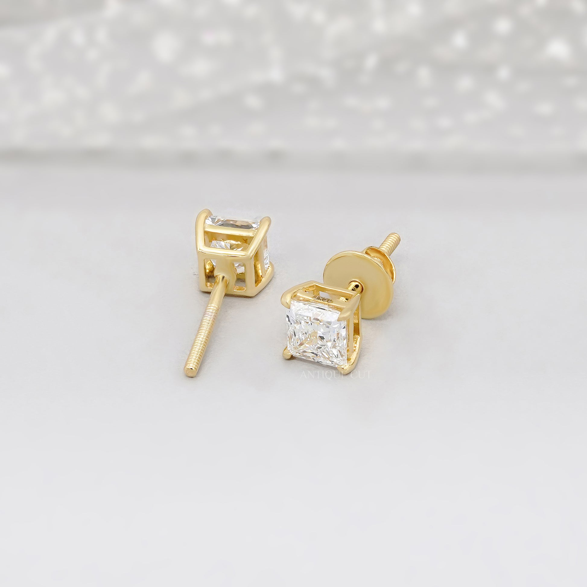 1.50tcw Princess Cut Lab Grown Diamond Stud Earrings | Yellow Gold | IGI Certified