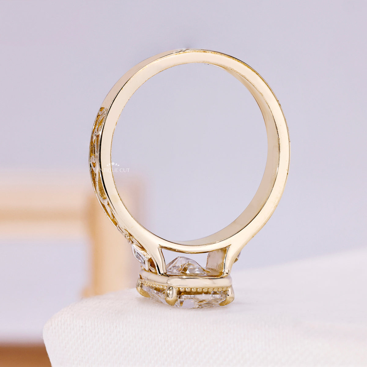 2.00 Carat Old Mine Cushion Cut Lab Grown Diamond Ring in Yellow Gold