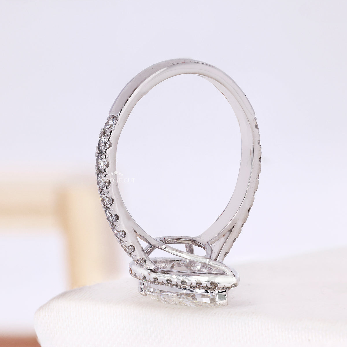 1.50 Carat Pear Shaped Halo Engagement Ring With Pave Band | IGI Certified
