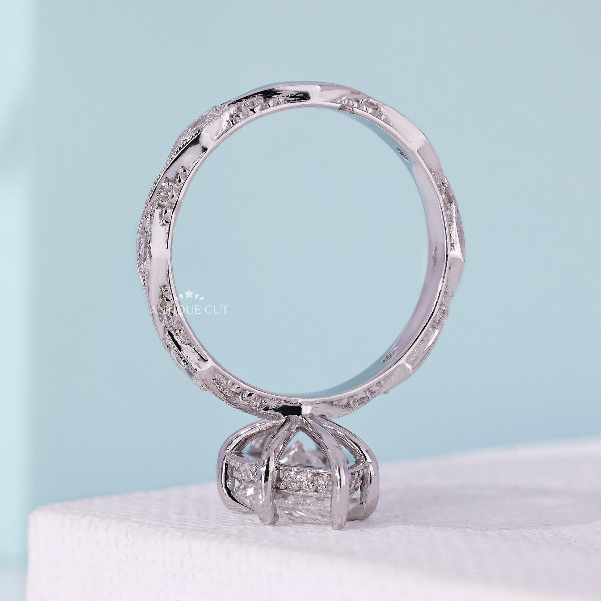 White gold marquise diamond ring with hidden halo

