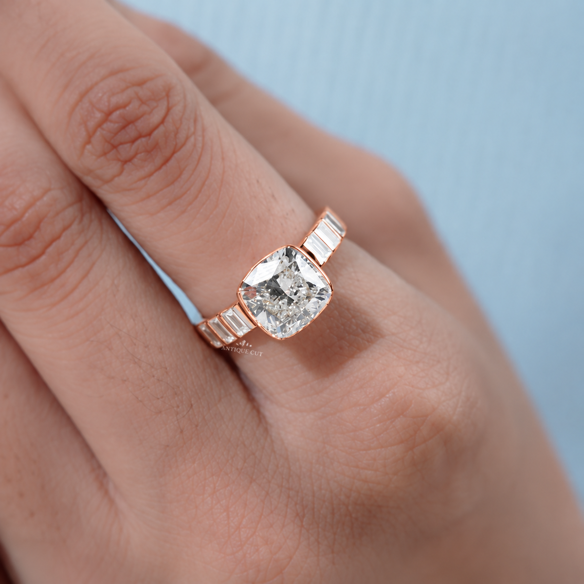4.0 Carat Lab Grown Diamond East West Cushion Cut Half Bezel Engagement Ring