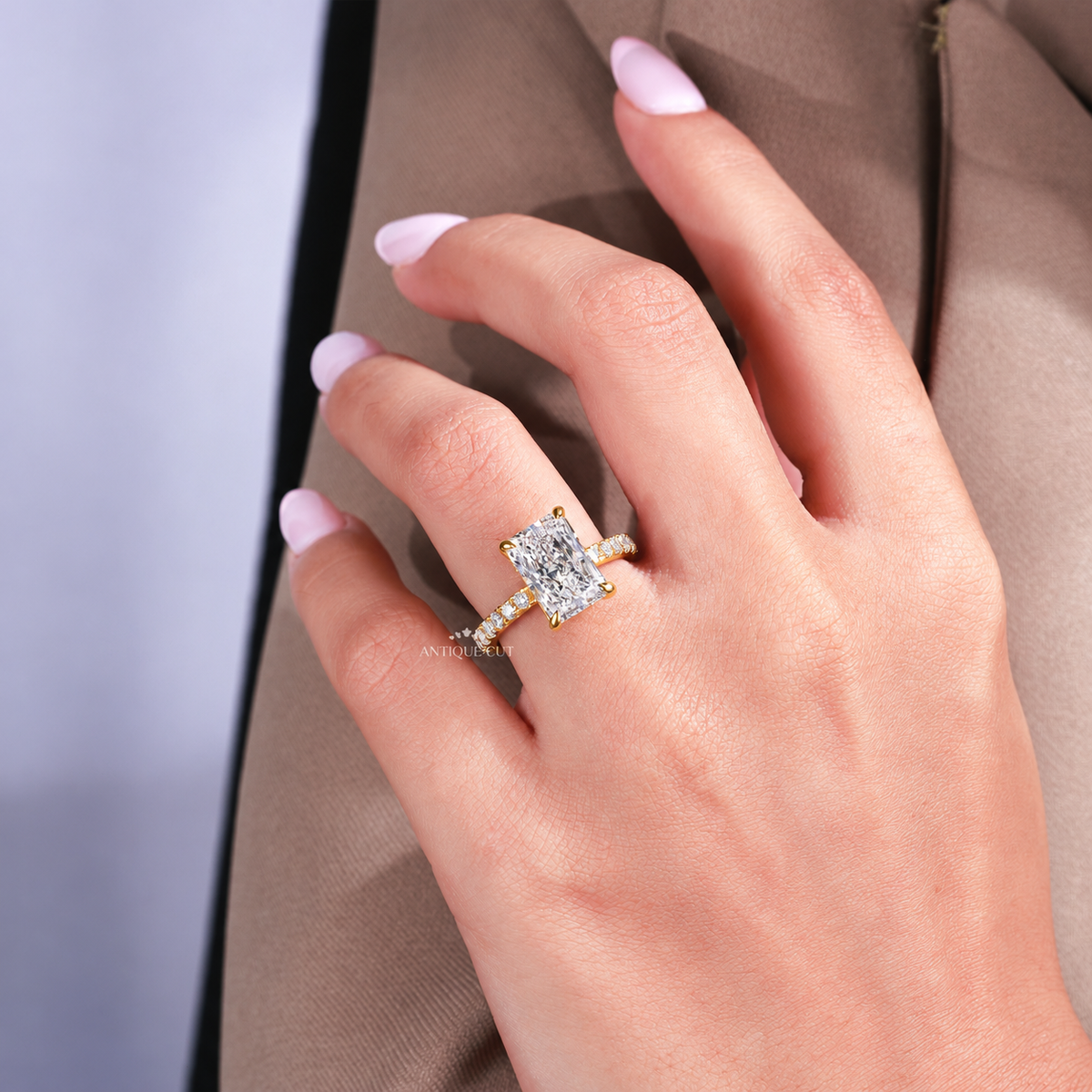 4.00 Carat Radiant Cut Diamond Pave Ring with Hidden Halo | IGI Certified