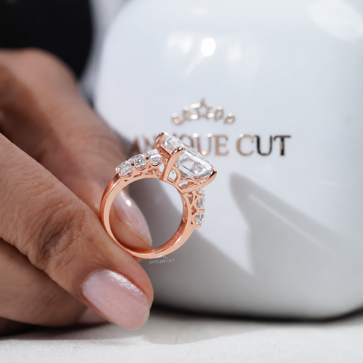 9.0 Carat Lab Grown Emerald Cut Engagement Ring with Tapered Side Stones