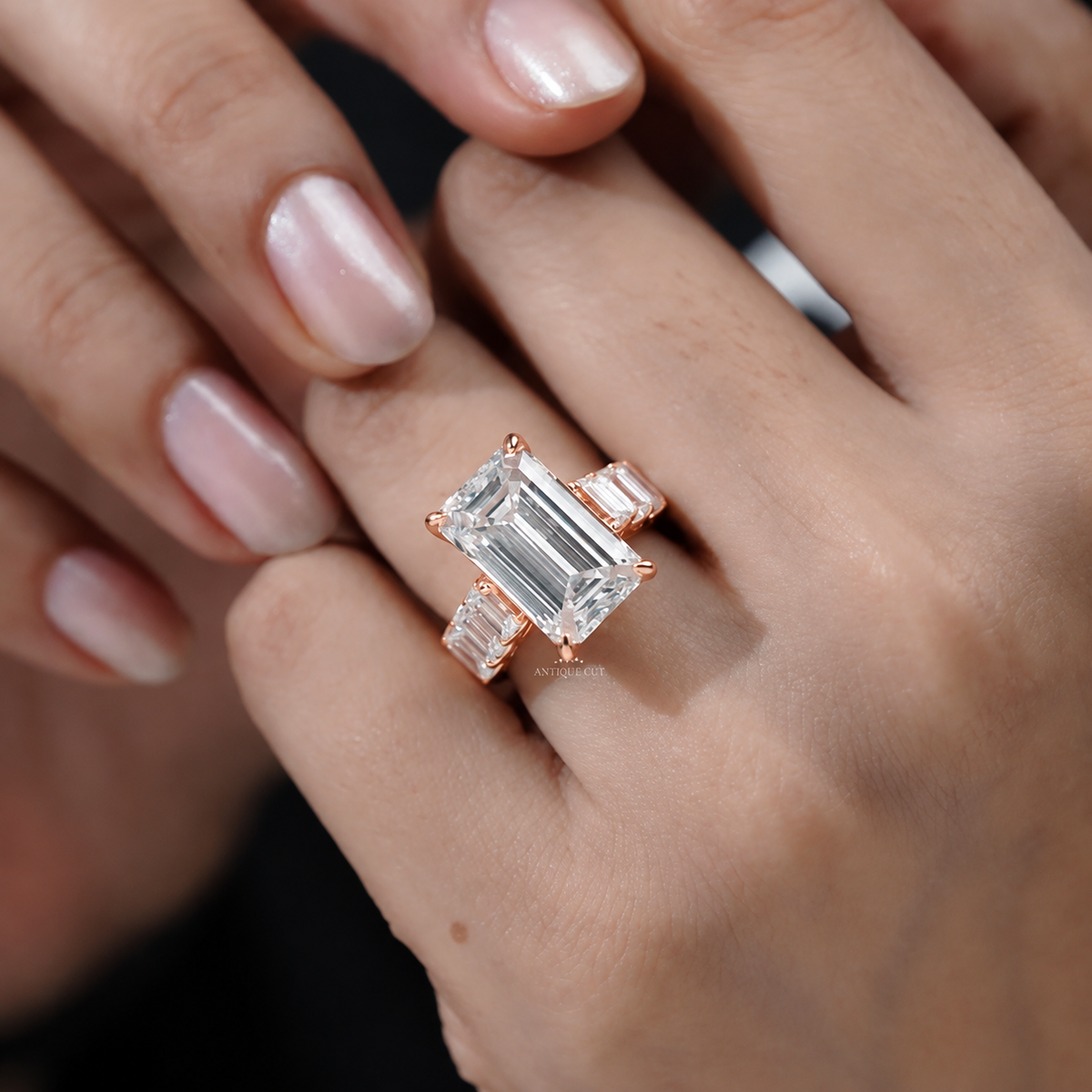 9.0 Carat Lab Grown Emerald Cut Engagement Ring with Tapered Side Stones