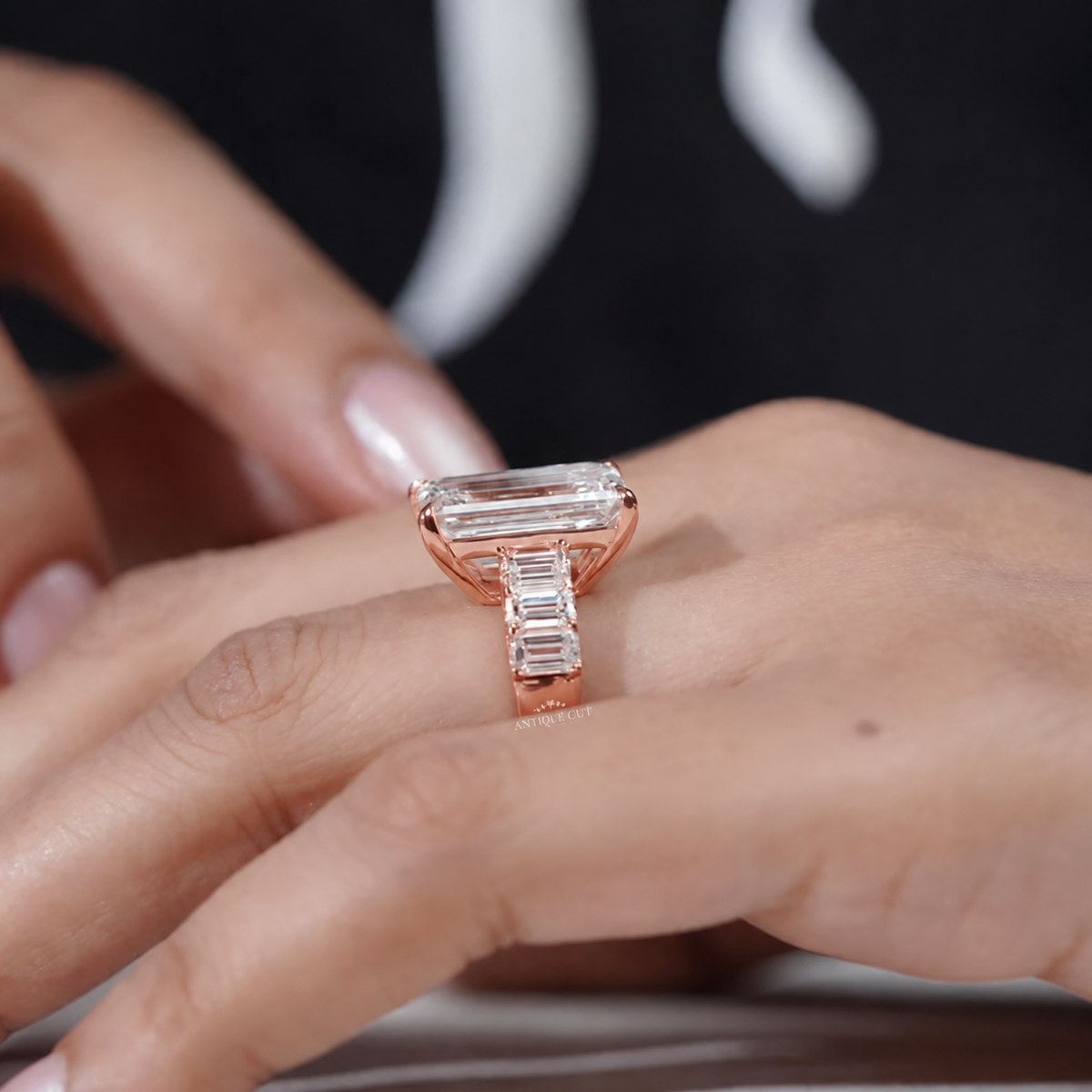 9.0 Carat Lab Grown Emerald Cut Engagement Ring with Tapered Side Stones