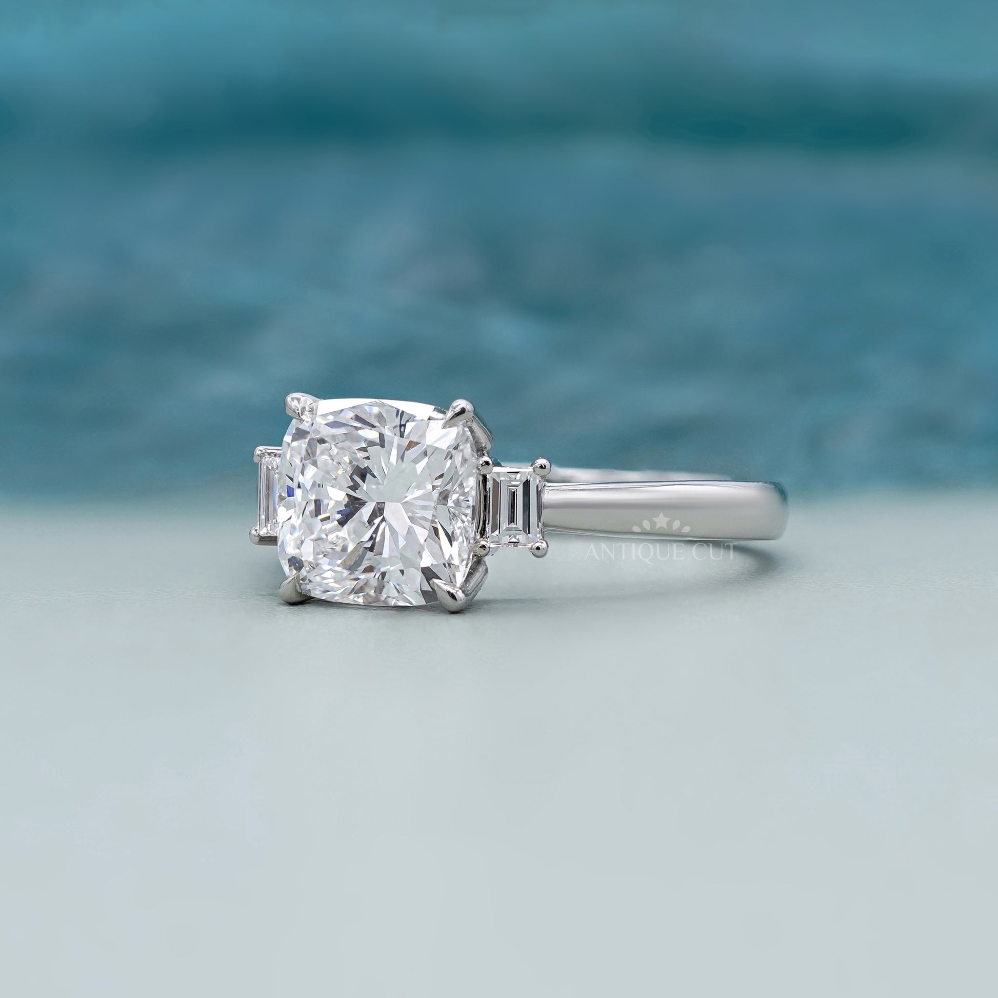 4.00ct Cushion Cut Diamond Engagement Ring | Three Stone Ring with 0.30ct Side Diamonds | Platinum / White Gold Bridal Jewelry