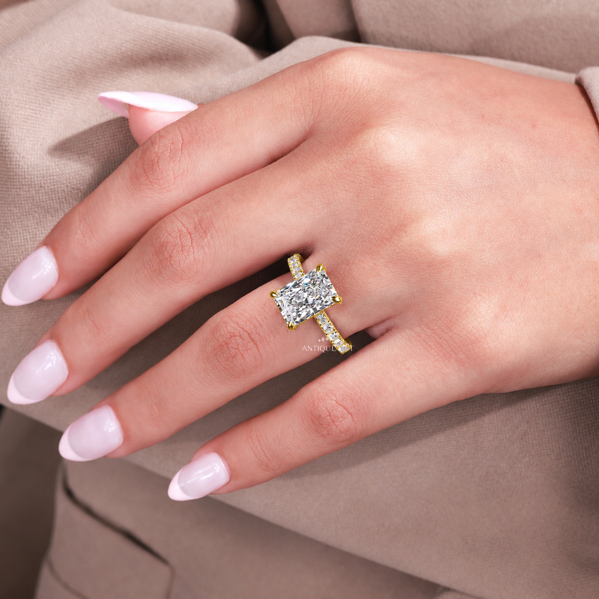 4.00 Carat Radiant Cut Diamond Pave Ring with Hidden Halo | IGI Certified