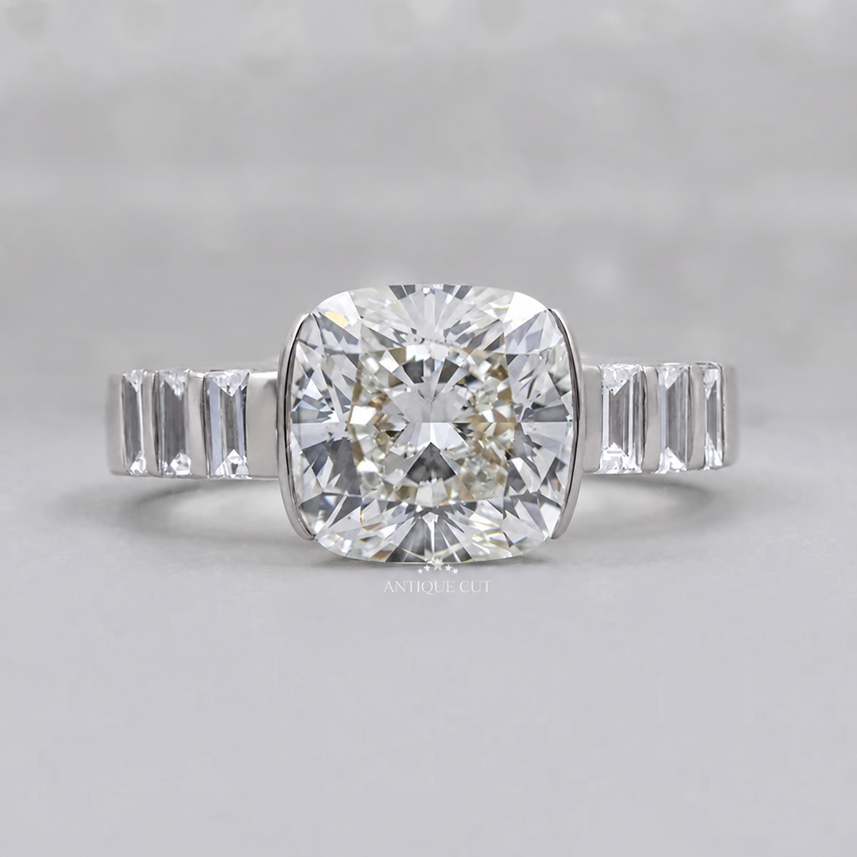 4.0 Carat Lab Grown Diamond East West Cushion Cut Half Bezel Engagement Ring