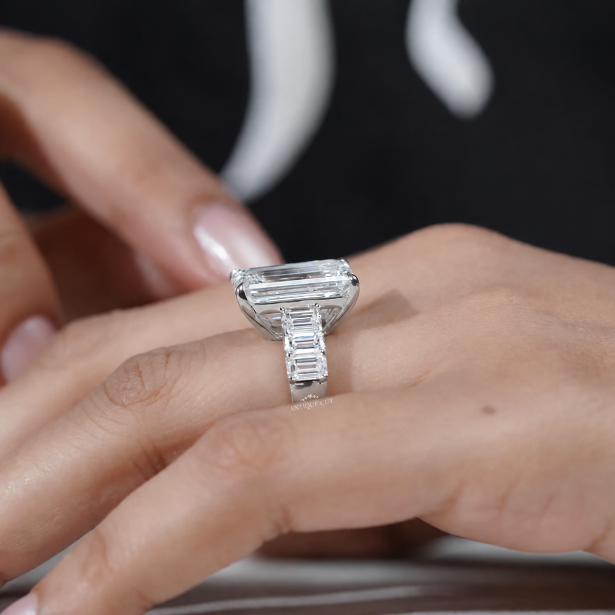 9.0 Carat Lab Grown Emerald Cut Engagement Ring with Tapered Side Stones